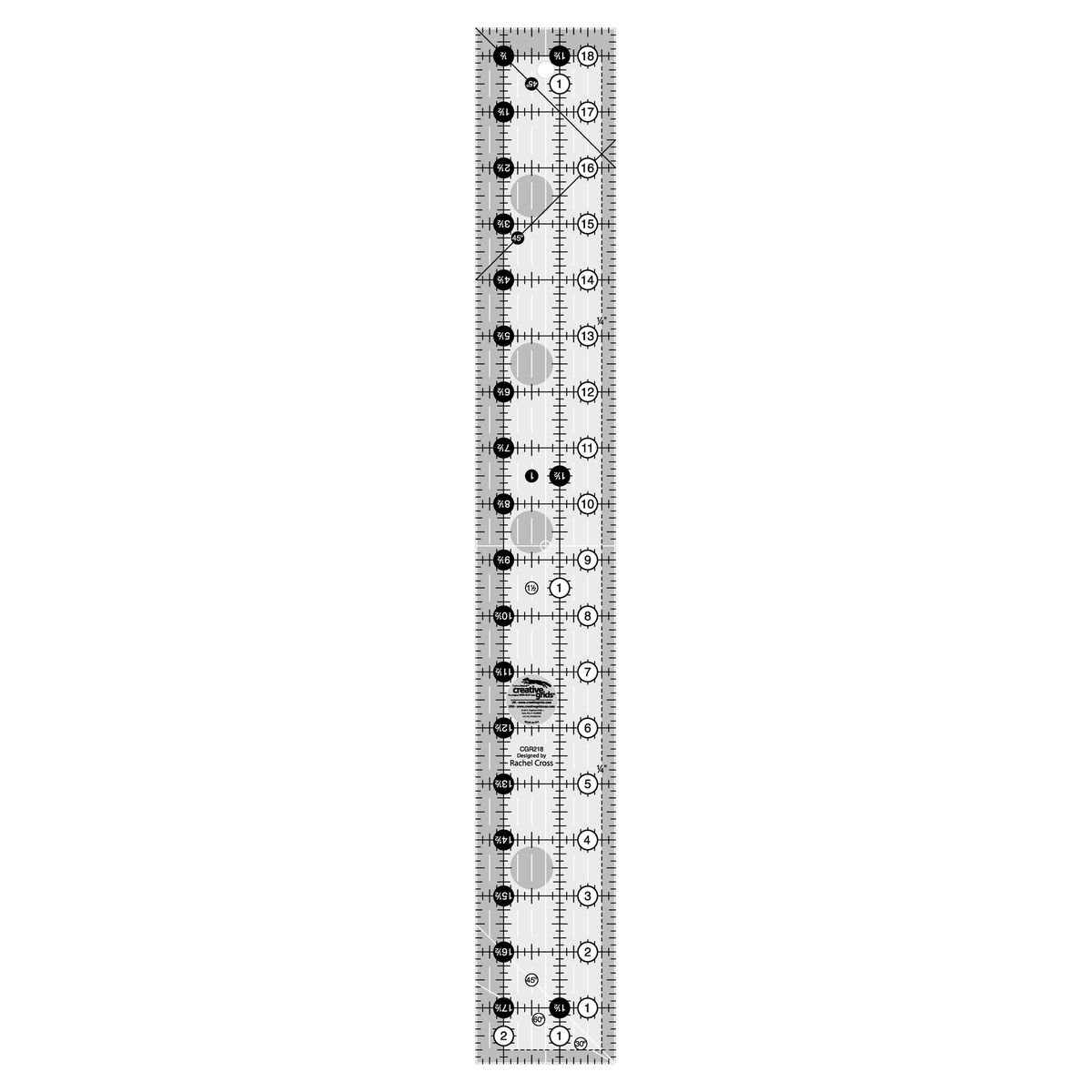 Creative Grids 2-1/2 x 18-1/2 inch rectangle quilt ruler CGR218 by Rachel Cross, grayscale render on white: 1 inch grid with 1/8 inch tick marks, black numbers 1 to 18 in white dots up one long edge and 1 to 2 along the bottom, white half-inch Turn-a-Round numbers in black dots on the other two edges, two black 45 degree lines crossing on the 1/4 inch seam line, a white 45 degree line and a white 30/60 line at one end, white centering lines, and the Creative Grids logo circle.