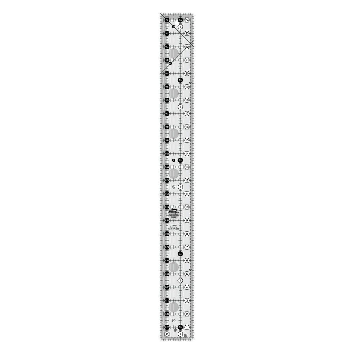 Creative Grids 2-1/2 x 24-1/2 inch rectangle quilt ruler CGR224 by Rachel Cross, grayscale render on white: 1 inch grid with 1/8 inch tick marks, black numbers 1 to 24 in white dots up one long edge and 1 to 2 along the bottom, white half-inch Turn-a-Round numbers in black dots on the other two edges, two black 45 degree lines crossing on the 1/4 inch seam line, a white 45 degree line and a white 30/60 line at one end, white centering lines, and the Creative Grids logo circle.