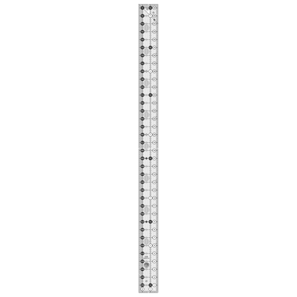Creative Grids 2-1/2 x 36-1/2 inch yardstick quilt ruler CGR236 by Rachel Cross, grayscale render on white: 1 inch grid with 1/8 inch tick marks, black numbers 1 to 36 in white dots up one long edge and 1 and 2 along the bottom, white half-inch Turn-a-Round numbers in black dots on the other two edges, a black 45 degree line and a white 30/60 degree line at the 36 inch end, a white 45 degree line at the 1 inch end, white centering lines, and the Creative Grids non-slip logo circle.