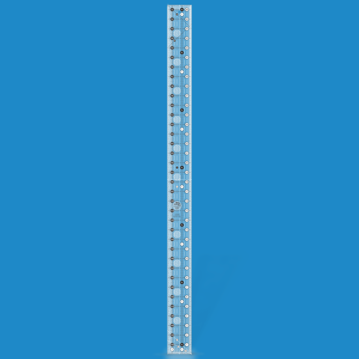 Creative Grids 2-1/2 x 36-1/2 inch yardstick quilt ruler CGR236 by Rachel Cross rendered in translucent blue acrylic with black and white grid markings, whole-inch numbers in white dots, half-inch Turn-a-Round numbers in black dots, 45 and 30/60 degree lines, a 1/4 inch dashed seam line, and white centering lines.