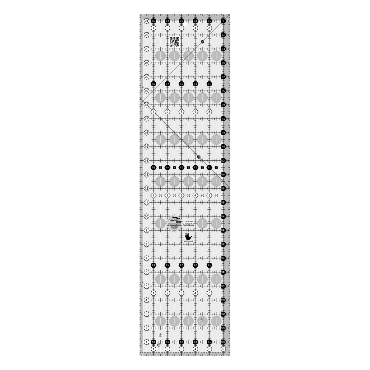Creative Grids left handed 6-1/2 x 24-1/2 inch rectangle quilt ruler CGR24LEFT by Rachel Cross, grayscale render on white: 1 inch grid with 1/8 inch ticks, black numbers 1 to 24 in white dots up the left edge and 1 to 6 along the bottom, white half-inch numbers in black dots on the right and top, two black 45 lines crossing on the left 1/4 inch seam line, a white 45 line and a white 30/60 line from the bottom-left corner, centering lines, a left-hand icon, a QR code, and the Creative Grids logo circle.