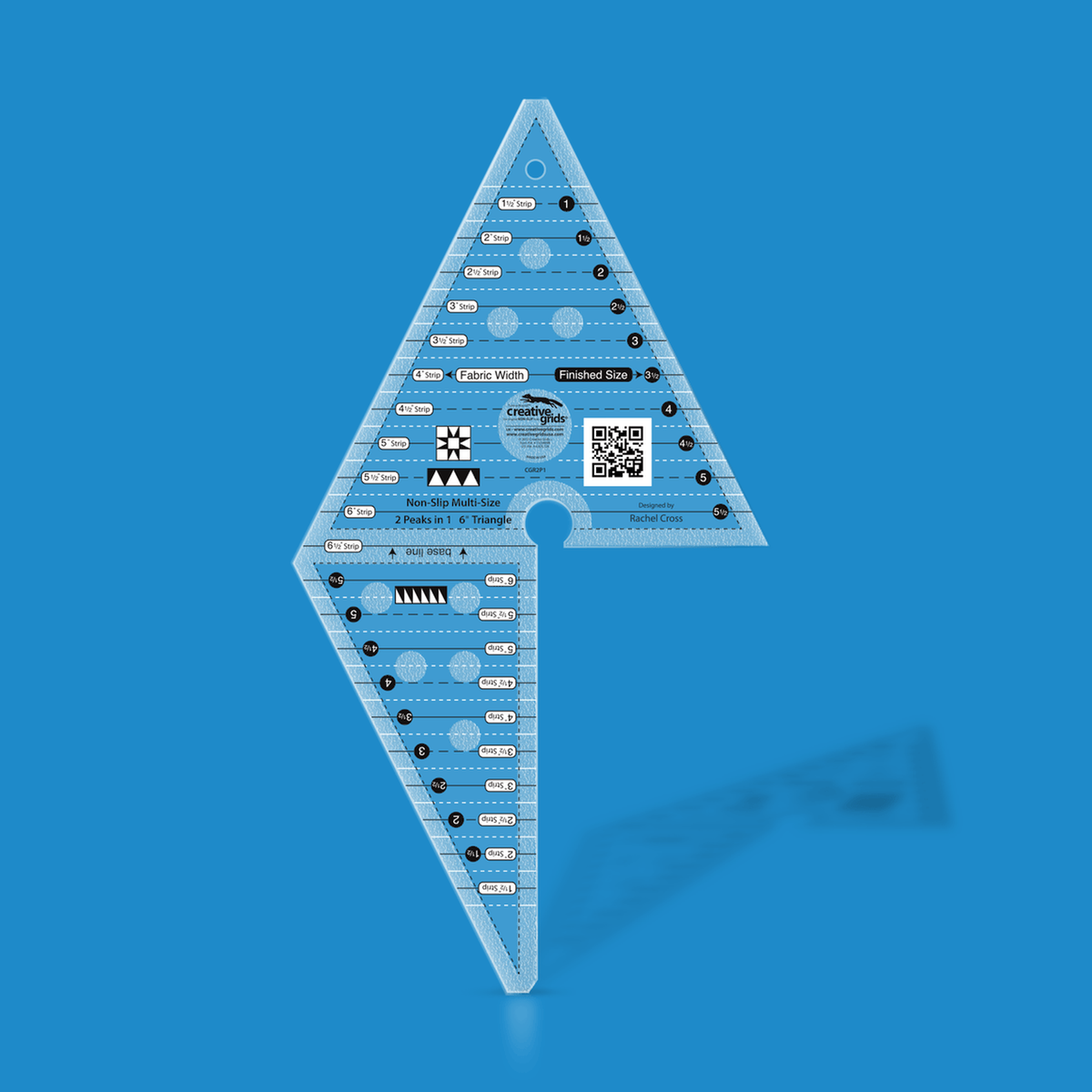 Creative Grids 2 Peaks in 1 Triangle CGR2P1 by Rachel Cross in translucent blue acrylic, two joined triangles with a keyhole cutout, Fabric Width strip labels and Finished Size labels on both triangles, dashed seam lines, three block icons, QR code, and the Designed by Rachel Cross credit.