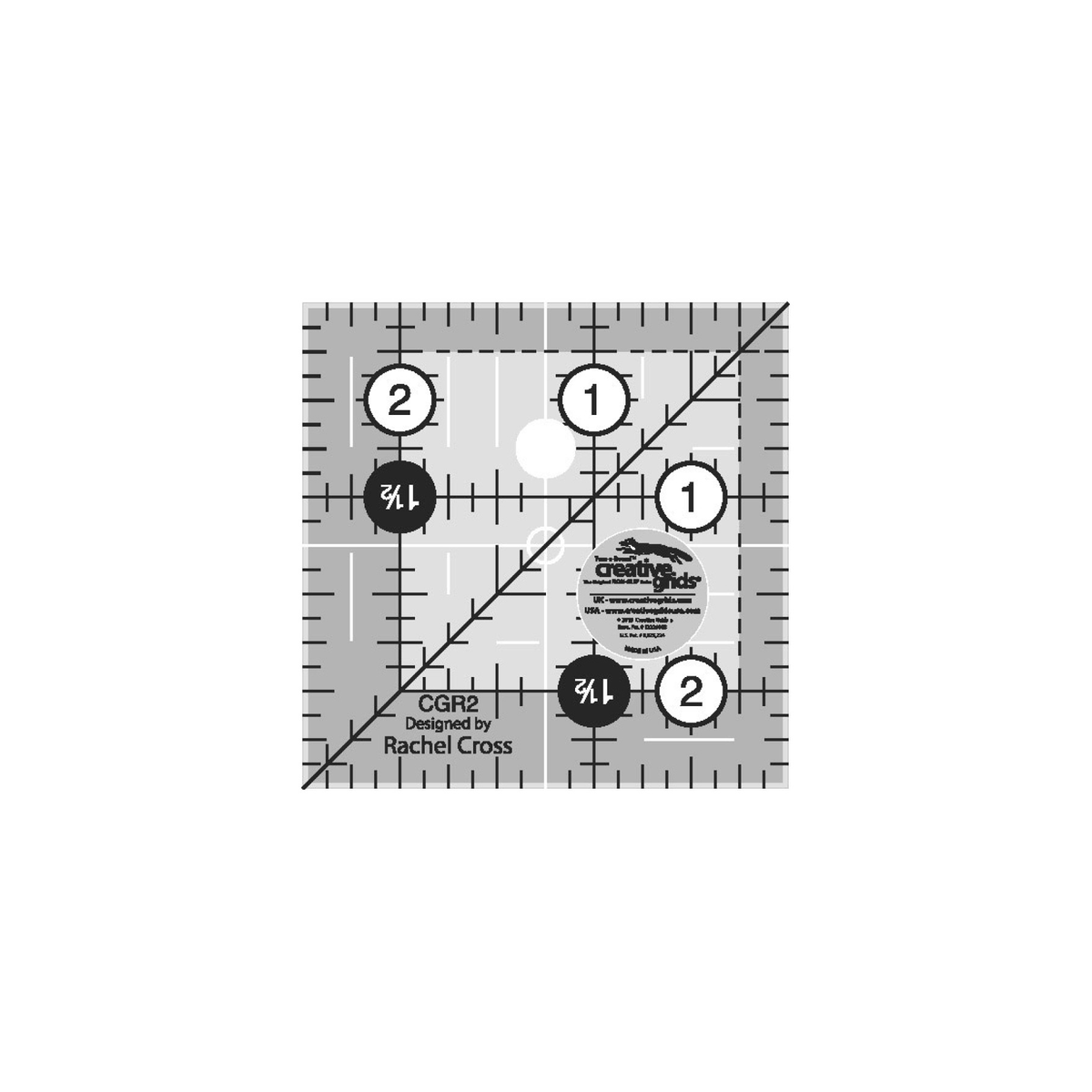 Creative Grids 2-1/2 inch square quilt ruler CGR2 by Rachel Cross, grayscale render on white: 1 inch grid with 1/8 inch tick marks, black numbers 1 and 2 in white dots on two edges, white 1-1/2 Turn-a-Round numbers in black dots on the other two, one 45 degree diagonal, 1/4 inch dashed seam line inside two edges, white centering lines, a hanging hole, and the Creative Grids non-slip logo circle.