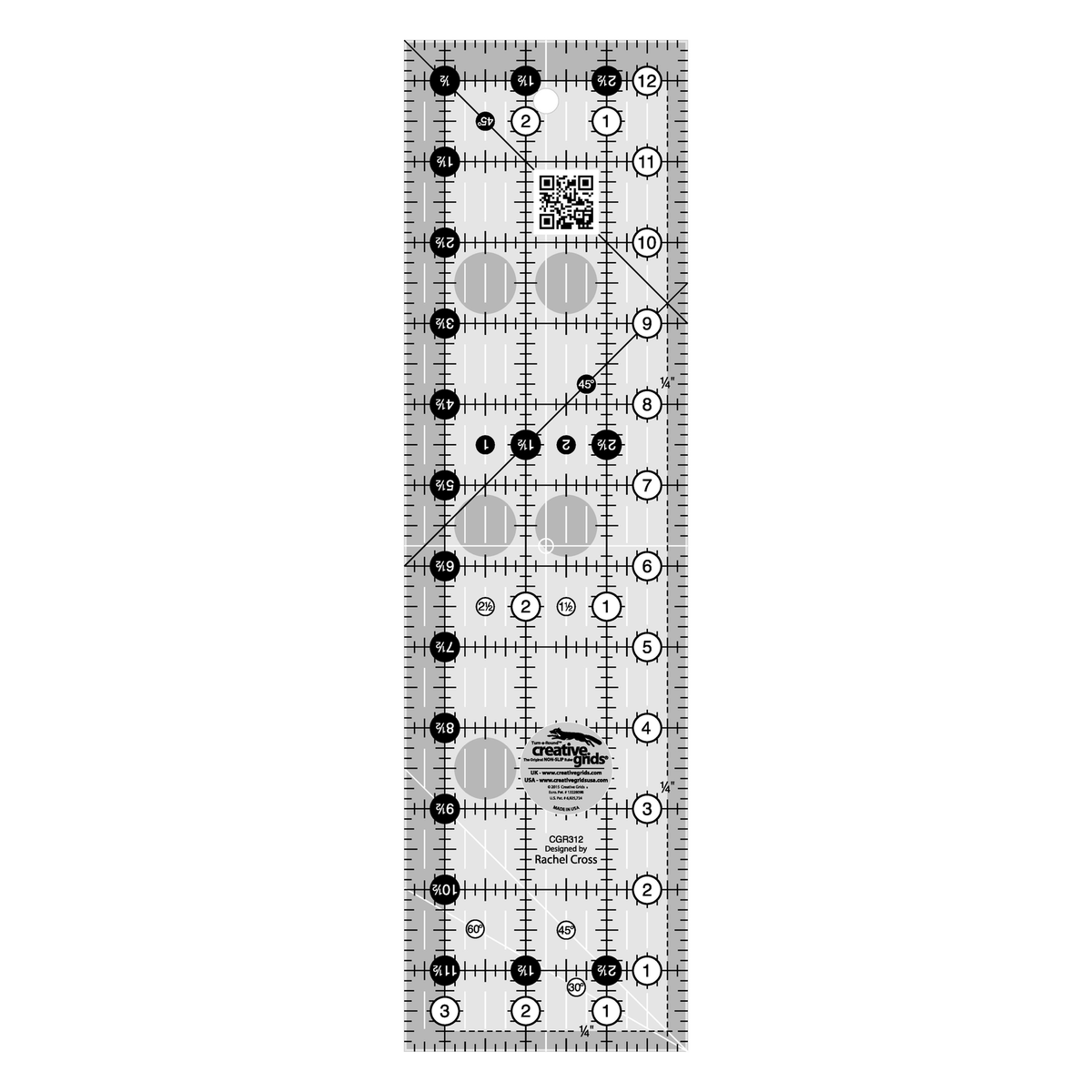 Creative Grids 3-1/2 x 12-1/2 inch rectangle quilt ruler CGR312 by Rachel Cross, grayscale render on white: 1 inch grid with 1/8 inch tick marks, black numbers 1 to 12 in white dots up one long edge and 1 to 3 along the bottom, white half-inch Turn-a-Round numbers in black dots on the other two edges, two black 45 degree lines crossing on the 1/4 inch seam line, a white 45 degree line and a white 30/60 line at one end, white centering lines, a QR code, and the Creative Grids logo circle.