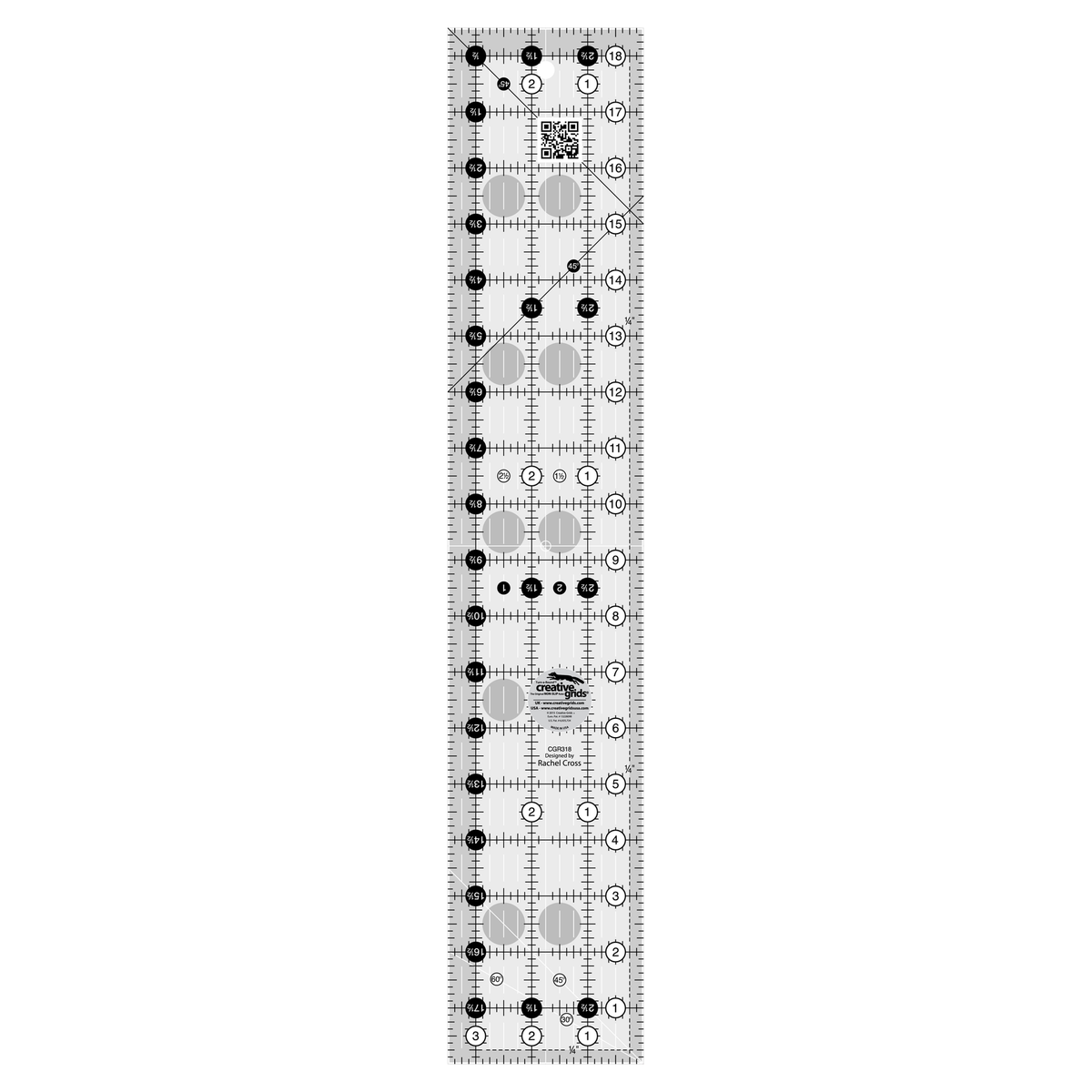 Creative Grids 3-1/2 x 18-1/2 inch rectangle quilt ruler CGR318 by Rachel Cross, grayscale render on white: 1 inch grid with 1/8 inch tick marks, black numbers 1 to 18 in white dots up one long edge and 1 to 3 along the bottom, white half-inch Turn-a-Round numbers in black dots on the other two edges, two black 45 degree lines crossing on the 1/4 inch seam line, a white 45 degree line and a white 30/60 line at one end, white centering lines, a QR code, and the Creative Grids logo circle.