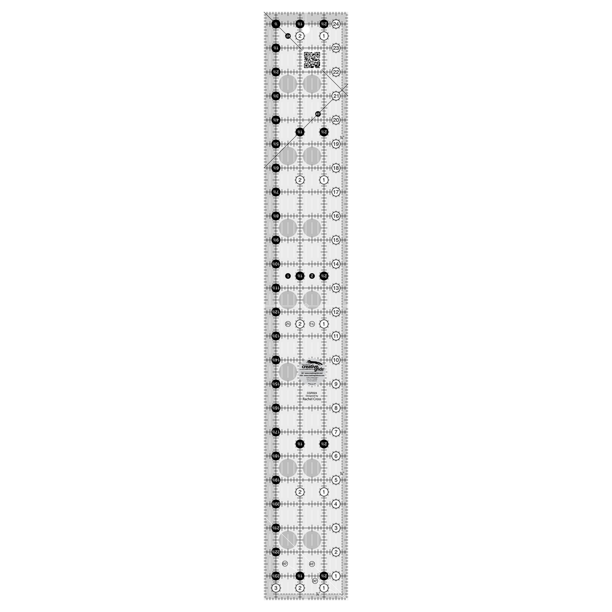 Creative Grids 3-1/2 x 24-1/2 inch rectangle quilt ruler CGR324 by Rachel Cross, grayscale render on white: 1 inch grid with 1/8 inch tick marks, black numbers 1 to 24 in white dots up one long edge and 1 to 3 along the bottom, white half-inch Turn-a-Round numbers in black dots on the other two edges, two black 45 degree lines crossing on the 1/4 inch seam line, a white 45 degree line and a white 30/60 line at one end, white centering lines, a QR code, and the Creative Grids logo circle.