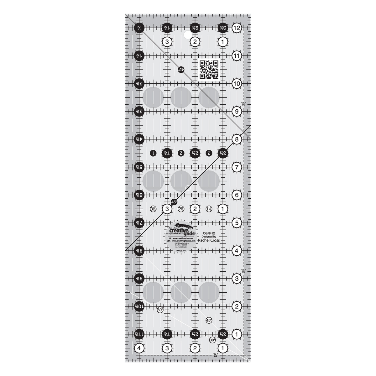 Creative Grids 4-1/2 x 12-1/2 inch rectangle quilt ruler CGR412 by Rachel Cross, grayscale render on white: 1 inch grid with 1/8 inch tick marks, black numbers 1 to 12 in white dots up one long edge and 1 to 4 along the bottom, white half-inch Turn-a-Round numbers in black dots on the other two edges, two black 45 degree lines crossing on the 1/4 inch seam line, a white 45 degree line and a white 30/60 line at one end, white centering lines, a QR code, and the Creative Grids logo circle.