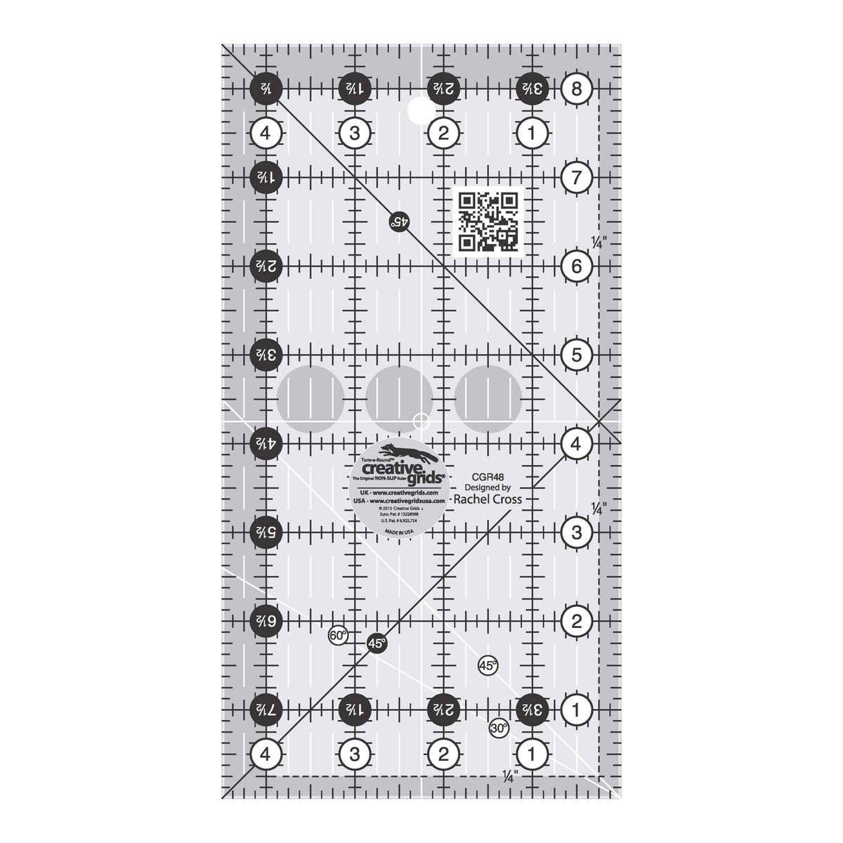 Creative Grids 4-1/2 x 8-1/2 inch rectangle quilt ruler CGR48 by Rachel Cross, grayscale render on white: 1 inch grid with 1/8 inch tick marks, black numbers 1 to 8 in white dots up one long edge and 1 to 4 along the bottom, white half-inch Turn-a-Round numbers in black dots on the other two edges, two black 45 degree lines crossing on the 1/4 inch seam line, a white 45 degree line and a white 30/60 line at one end, white centering lines, a QR code, and the Creative Grids logo circle.