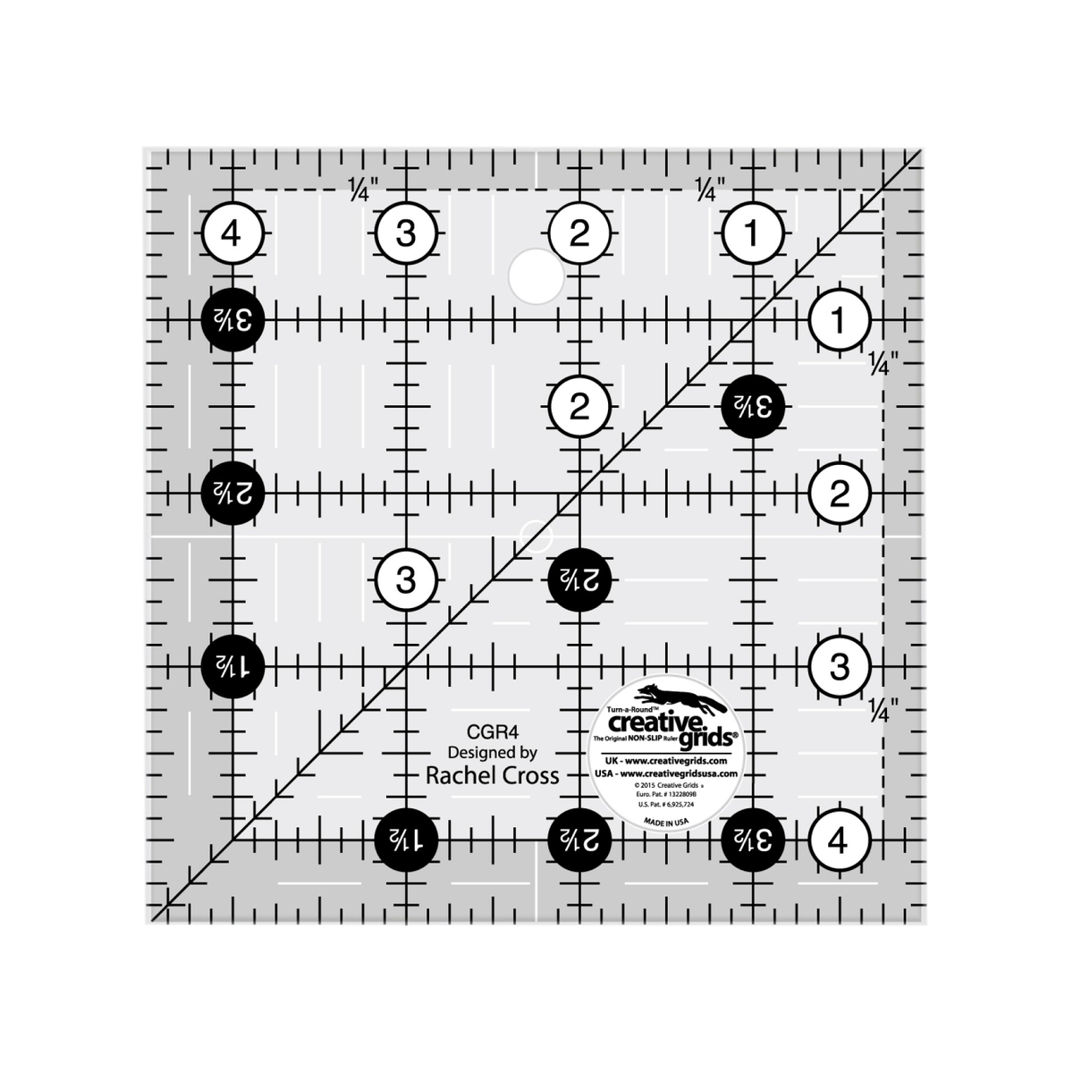 Creative Grids 4-1/2 inch square quilt ruler CGR4 by Rachel Cross, grayscale render on white: 1 inch grid with 1/8 inch tick marks, black numbers 1 to 4 in white dots on two edges, white half-inch numbers 1-1/2 to 3-1/2 in black dots on the other two, one 45 degree diagonal, 1/4 inch dashed seam line inside two edges, white centering lines, and the Creative Grids non-slip logo circle marked Made in USA.