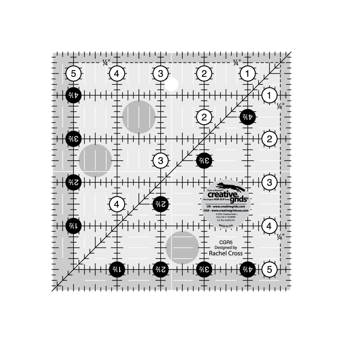 Creative Grids 5-1/2 inch square quilt ruler CGR5 by Rachel Cross, grayscale render on white: 1 inch grid with 1/8 inch tick marks, black numbers 1 to 5 in white dots on two edges, white half-inch numbers 1-1/2 to 4-1/2 in black dots on the other two, one 45 degree diagonal, 1/4 inch dashed seam line inside two edges, white centering lines, gray non-slip grip dots, and the Creative Grids logo circle marked Made in USA.