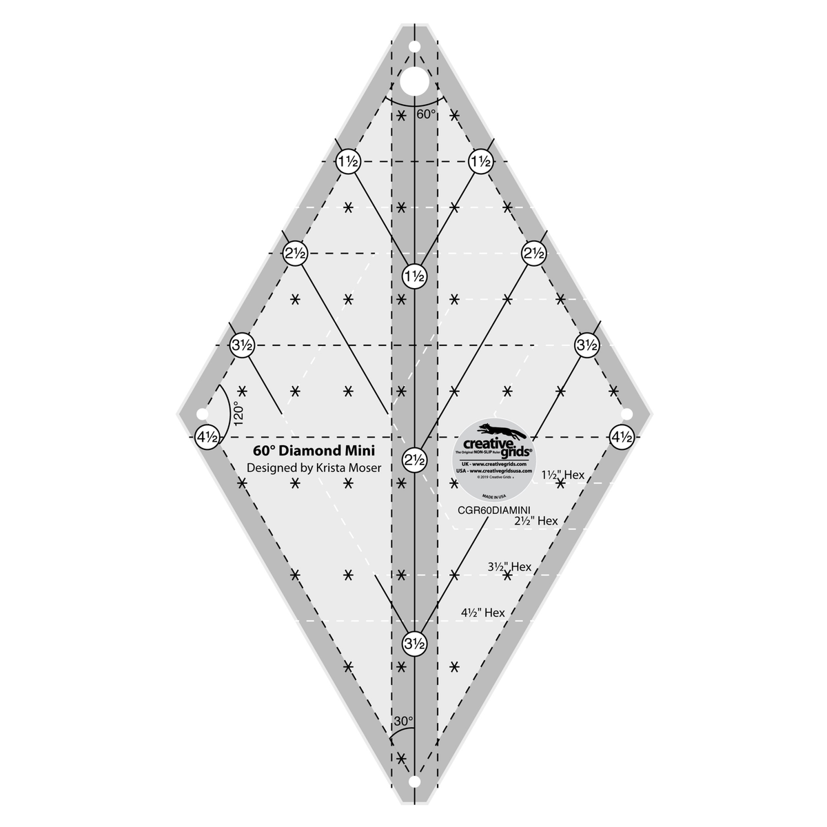 Creative Grids 60 Degree Mini Diamond CGR60DIAMINI by Krista Moser, diamond-shaped ruler, grayscale render on white: circled labels 1 1/2 to 4 1/2 along both upper edges and 1 1/2 to 3 1/2 down the solid center line, solid angled lines, dashed horizontal lines, dashed seam lines inside the edges, 60, 120, and 30 degree angle labels, white dashed outlines labeled 1 1/2, 2 1/2, 3 1/2, and 4 1/2 inch Hex, asterisk marks, and the Creative Grids logo circle.