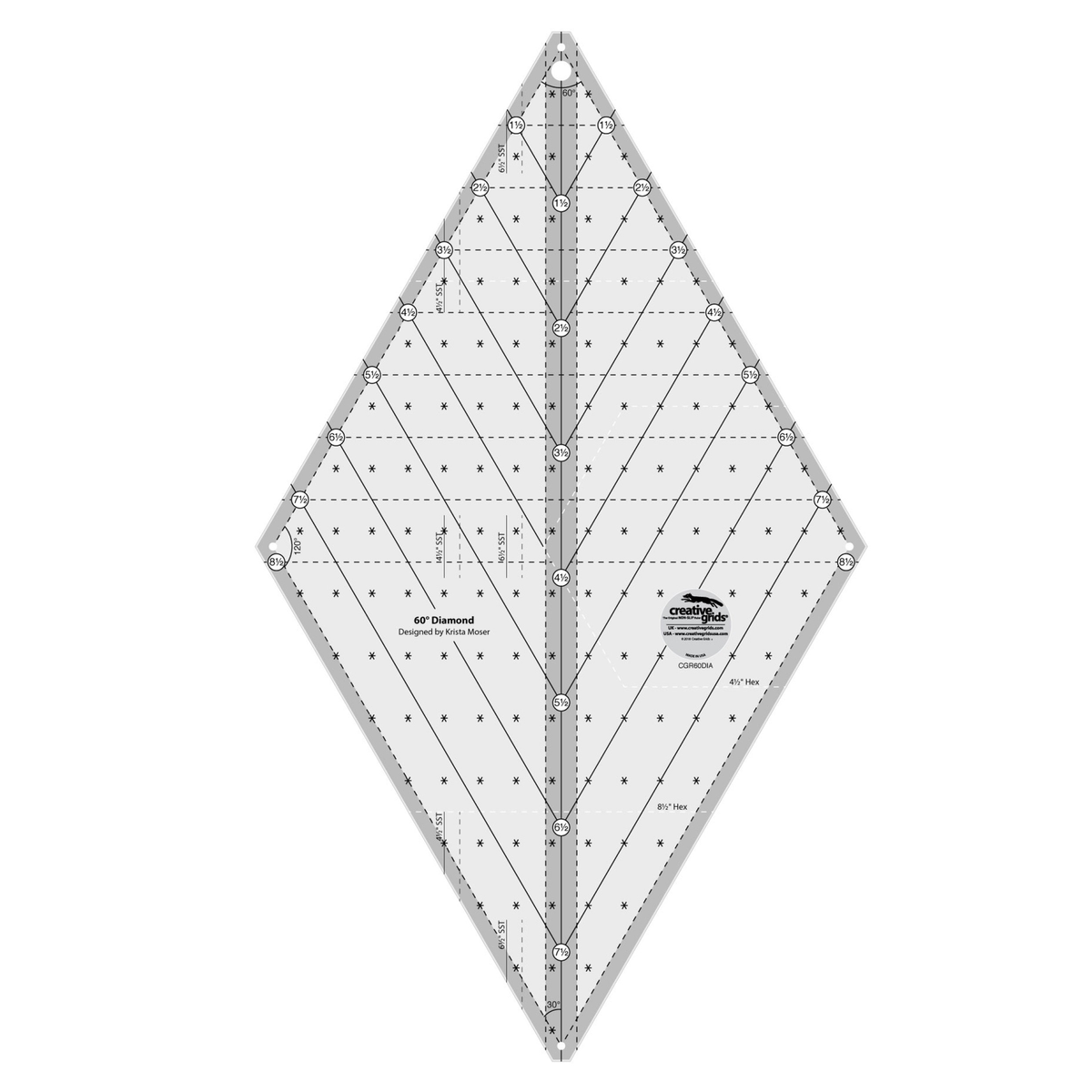 Creative Grids 60 Degree Diamond CGR60DIA by Krista Moser, diamond-shaped ruler, grayscale render on white: circled labels 1 1/2 to 8 1/2 along both upper edges and 1 1/2 to 7 1/2 down the solid center line, solid angled lines, dashed horizontal lines, dashed seam lines inside the edges, 60, 120, and 30 degree angle labels, 4 1/2 and 6 1/2 inch SST marks, white dashed outlines labeled 4 1/2 and 8 1/2 inch Hex, asterisk marks, and the Creative Grids logo circle.