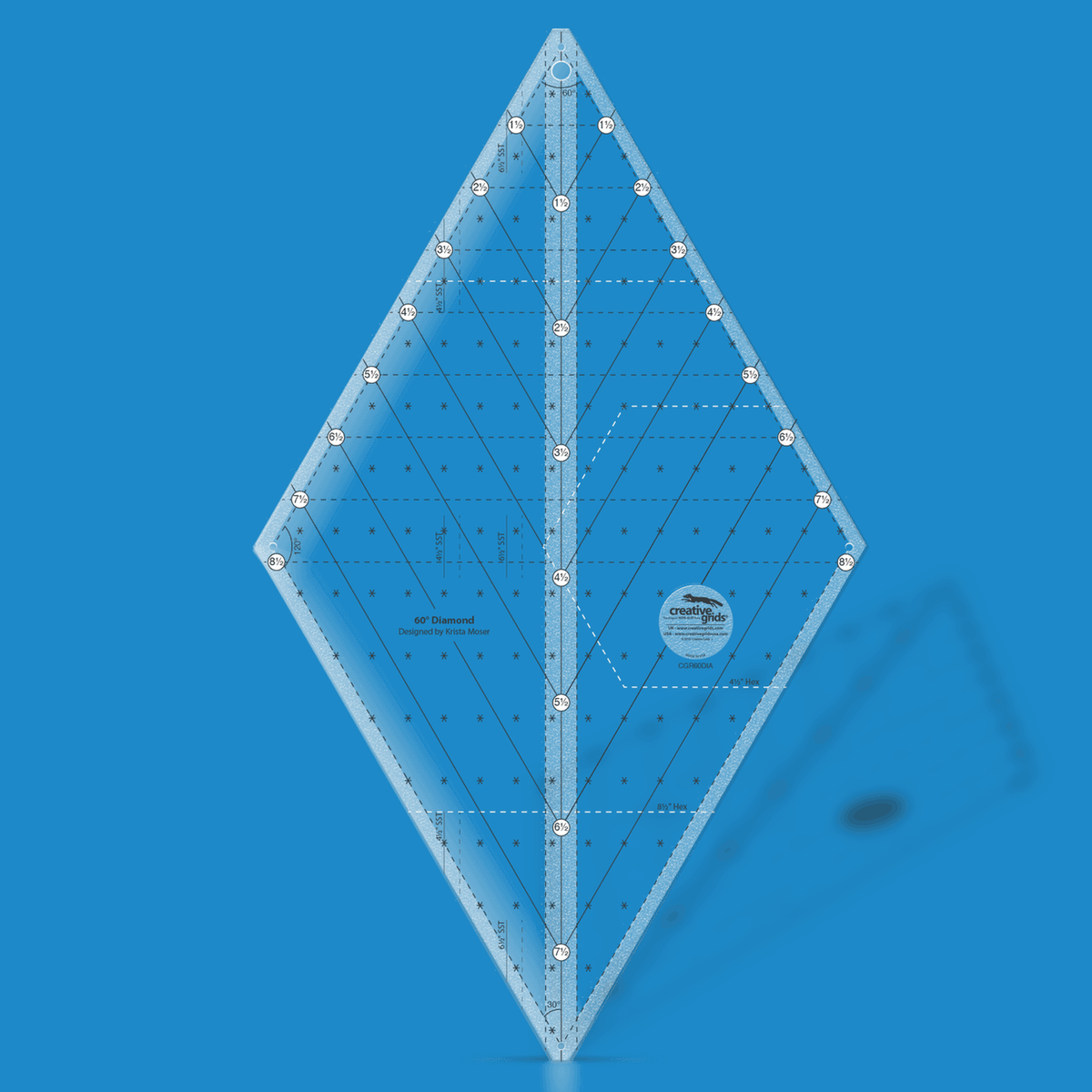 Creative Grids 60 Degree Diamond CGR60DIA by Krista Moser in translucent blue acrylic, diamond shape with circled labels 1 1/2 to 8 1/2 along the upper edges, solid angled lines, dashed horizontal lines, 60, 120, and 30 degree angle labels, Hex outlines, asterisk marks, and the Designed by Krista Moser credit.