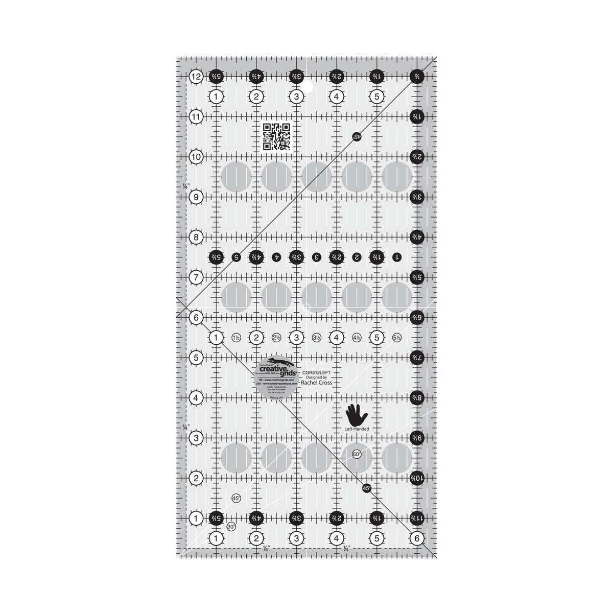Creative Grids left handed 6-1/2 x 12-1/2 inch rectangle quilt ruler CGR612LEFT by Rachel Cross, grayscale render on white: 1 inch grid with 1/8 inch ticks, black numbers 1 to 12 in white dots up the left edge and 1 to 6 along the bottom, white half-inch numbers in black dots on the right and top, two black 45 lines crossing on the left 1/4 inch seam line, a white 45 line and a white 30/60 line from the bottom-left corner, centering lines, a left-hand icon, a QR code, and the Creative Grids logo circle.