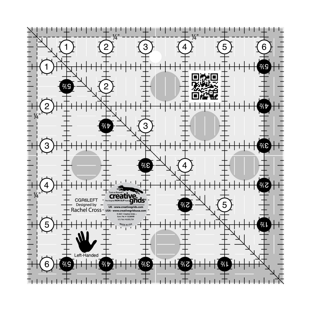 Creative Grids left handed 6-1/2 inch square quilt ruler CGR6LEFT by Rachel Cross, grayscale render on white: 1 inch grid with 1/8 inch tick marks, black numbers 1 to 6 in white dots along the top and left edges, white half-inch Turn-a-Round numbers in black dots on the right and bottom, one 45 degree diagonal from top left to bottom right, 1/4 inch dashed seam line inside the top and left edges, white centering lines, a left-hand icon, a QR code, and the Creative Grids logo circle.