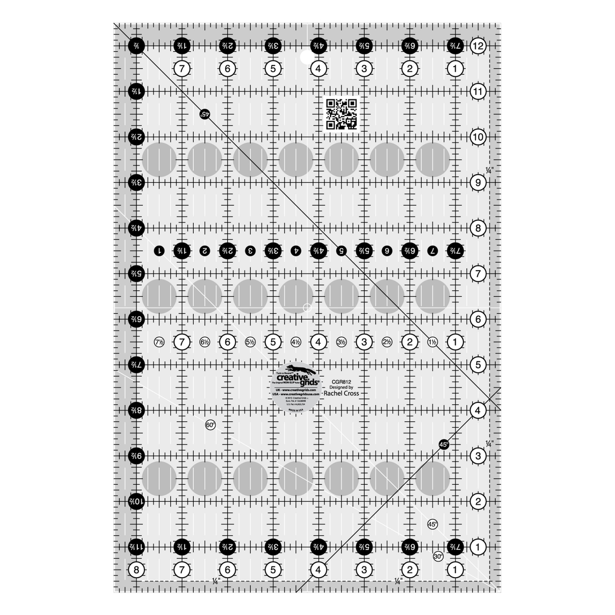 Creative Grids 8-1/2 x 12-1/2 inch rectangle quilt ruler CGR812 by Rachel Cross, grayscale render on white: 1 inch grid with 1/8 inch tick marks, black numbers 1 to 12 in white dots up one long edge and 1 to 8 along the bottom, white half-inch Turn-a-Round numbers in black dots on the other two edges, two black 45 degree lines crossing on the 1/4 inch seam line, a white 45 degree line and a white 30/60 line at one end, white centering lines, a QR code, and the Creative Grids logo circle.