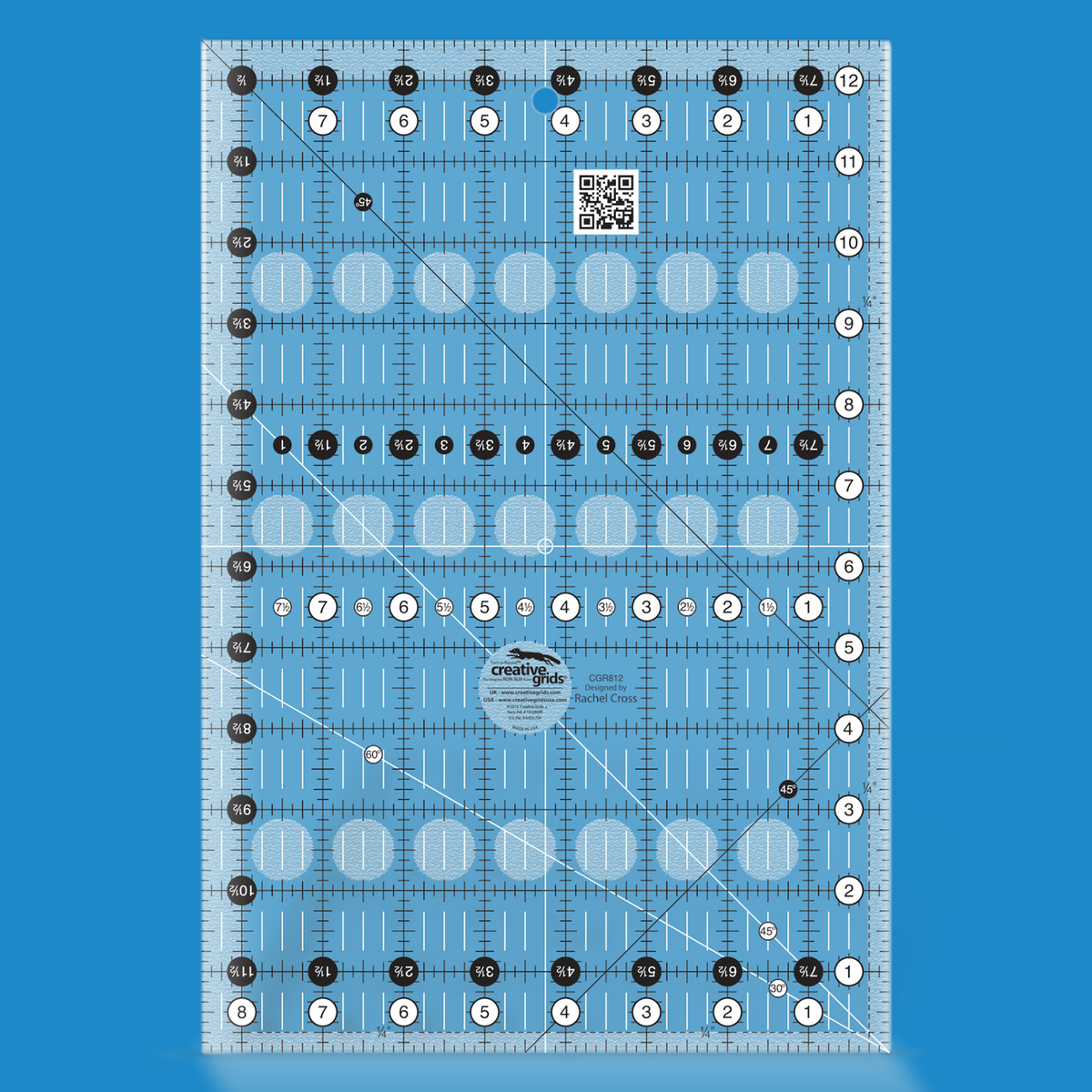 Creative Grids 8-1/2 x 12-1/2 inch rectangle quilt ruler CGR812 by Rachel Cross rendered in translucent blue acrylic with black and white grid markings, whole-inch numbers in white dots, half-inch Turn-a-Round numbers in black dots, crossed 45 degree lines, a 30/60 degree line, a 1/4 inch dashed seam line, and white centering lines.