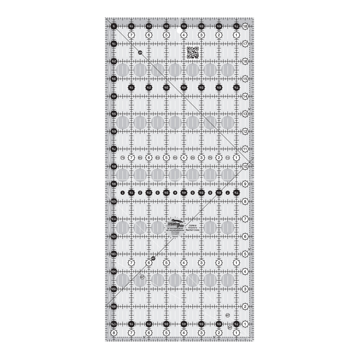 Creative Grids 8-1/2 x 18-1/2 inch rectangle quilt ruler CGR818 by Rachel Cross, grayscale render on white: 1 inch grid with 1/8 inch tick marks, black numbers 1 to 18 in white dots up one long edge and 1 to 8 along the bottom, white half-inch Turn-a-Round numbers in black dots on the other two edges, two black 45 degree lines crossing on the 1/4 inch seam line, a white 45 degree line and a white 30/60 line at one end, white centering lines, a QR code, and the Creative Grids logo circle.