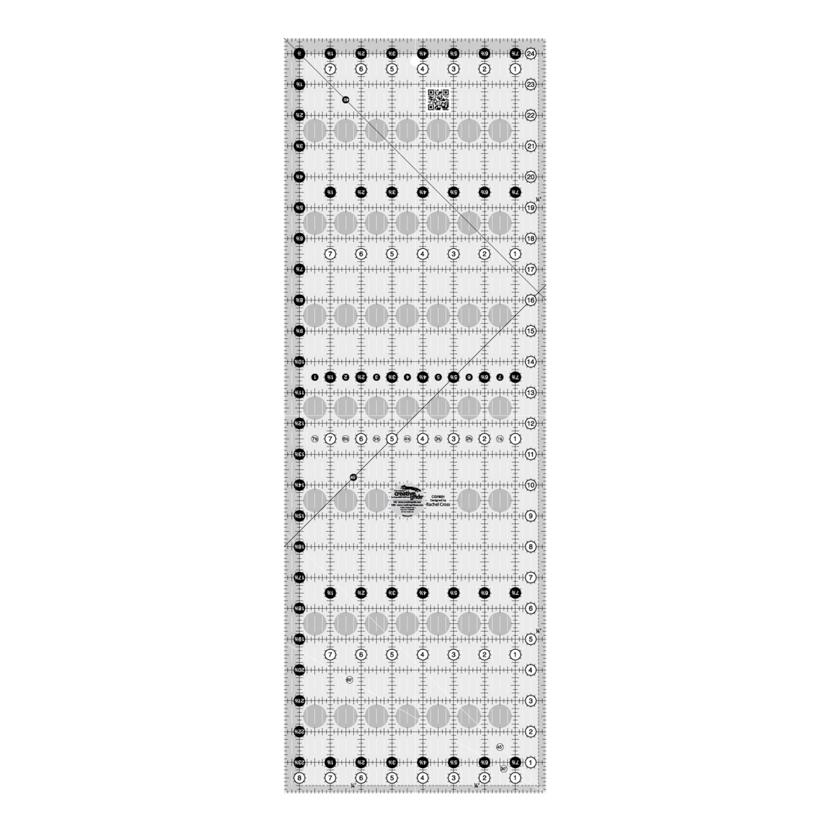 Creative Grids 8-1/2 x 24-1/2 inch rectangle quilt ruler CGR824 by Rachel Cross, grayscale render on white: 1 inch grid with 1/8 inch tick marks, black numbers 1 to 24 in white dots up one long edge and 1 to 8 along the bottom, white half-inch Turn-a-Round numbers in black dots on the other two edges, two black 45 degree lines crossing on the 1/4 inch seam line, a white 45 degree line and a white 30/60 line at one end, white centering lines, a QR code, and the Creative Grids logo circle.