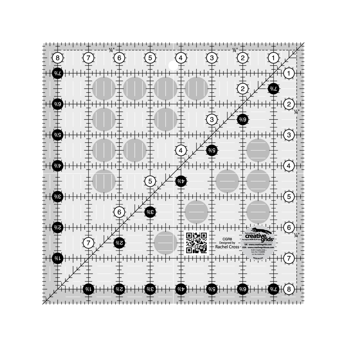 Creative Grids 8-1/2 inch square quilt ruler CGR8 by Rachel Cross, grayscale render on white: 1 inch grid with 1/8 inch tick marks, black numbers 1 to 8 in white dots on two edges, white half-inch numbers 1-1/2 to 7-1/2 in black dots on the other two, one 45 degree diagonal, 1/4 inch dashed seam line inside two edges, white centering lines, a QR code, gray non-slip grip dots, and the Creative Grids logo circle marked Made in USA.
