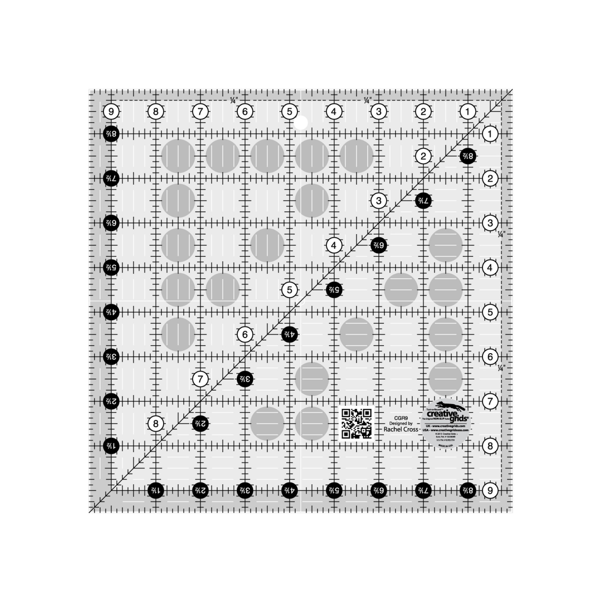 Creative Grids 9-1/2 inch square quilt ruler CGR9 by Rachel Cross, grayscale render on white: 1 inch grid with 1/8 inch tick marks, black numbers 1 to 9 in white dots on two edges, white half-inch numbers 1-1/2 to 8-1/2 in black dots on the other two, a second run of numbers along the 45 degree diagonal, 1/4 inch dashed seam line inside two edges, white centering lines, a QR code, and the Creative Grids non-slip logo circle marked Made in USA.