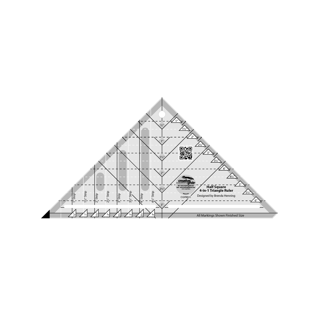 Creative Grids Half-Square 4-in-1 Triangle CGRBH1 by Brenda Henning, triangle ruler with marking slots near the base, grayscale render on white: triangle labels 1 to 6 inches down the right side, diamond labels 1/2 to 3 inches down the center line, strip labels from 1 inch Strip to 4 1/2 inch Strip, a bottom row of triangle labels 1/2 to 4 inches, solid and dashed lines, the words All Markings Shown Finished Size, a QR code, gray non-slip grip bars, and the Creative Grids logo circle.