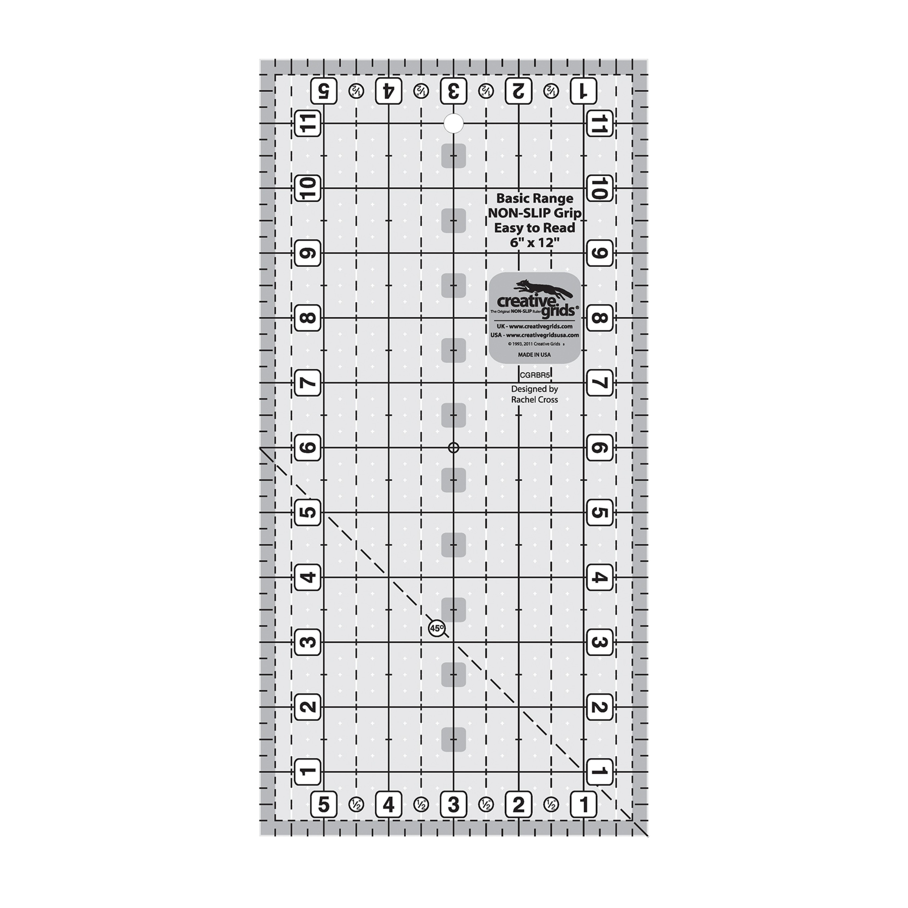 Creative Grids Basic Range 6-inch x 12-inch rectangle quilt ruler CGRBR5 in grayscale showing a 1-inch grid with black numbers on white squares, dashed half-inch lines, quarter-inch plus signs, and a 45-degree diagonal line for squaring half-square triangles.
