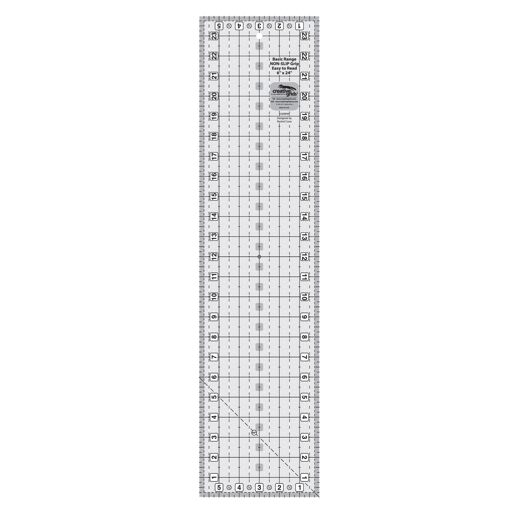 Creative Grids Basic Range 6-inch x 24-inch rectangle quilt ruler CGRBR6 in grayscale showing a 1-inch grid with black numbers on white squares, dashed half-inch lines, quarter-inch plus signs, and a 45-degree diagonal line for squaring half-square triangles.