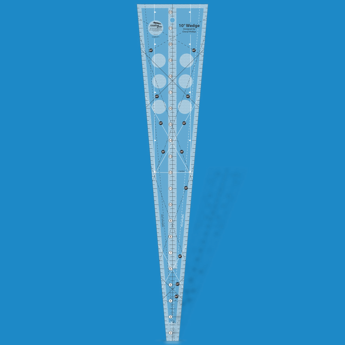 Creative Grids 10 Degree Wedge CGRCP1 by Cheryl Phillips in translucent blue acrylic, a long narrow wedge with a center scale numbered 2 to 22 inches, angle lines labeled 60, 45, 30, and 20 degrees, a Center line, Half Inch Line guides, a hang hole, and the Designed by Cheryl Phillips credit.