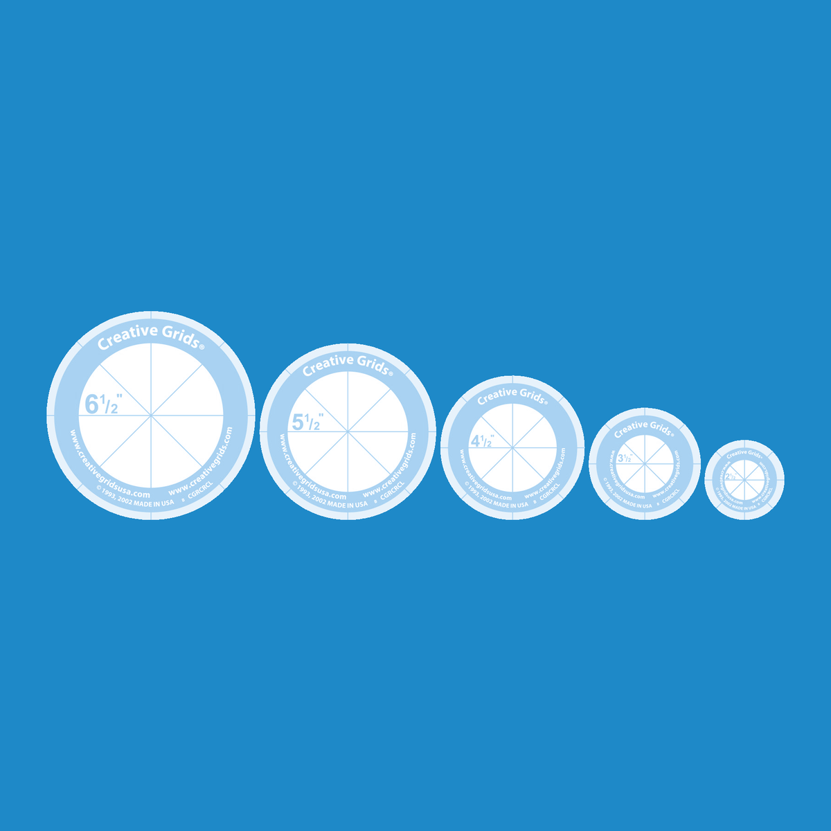 Creative Grids Circles Set of 5 CGRCRCL by Rachel Cross recolored in blue on a blue background: five round templates in a row from 6 1/2 inches down to 2 1/2 inches, each with a frosted ring, a printed size, and lines that divide it into eight wedges.