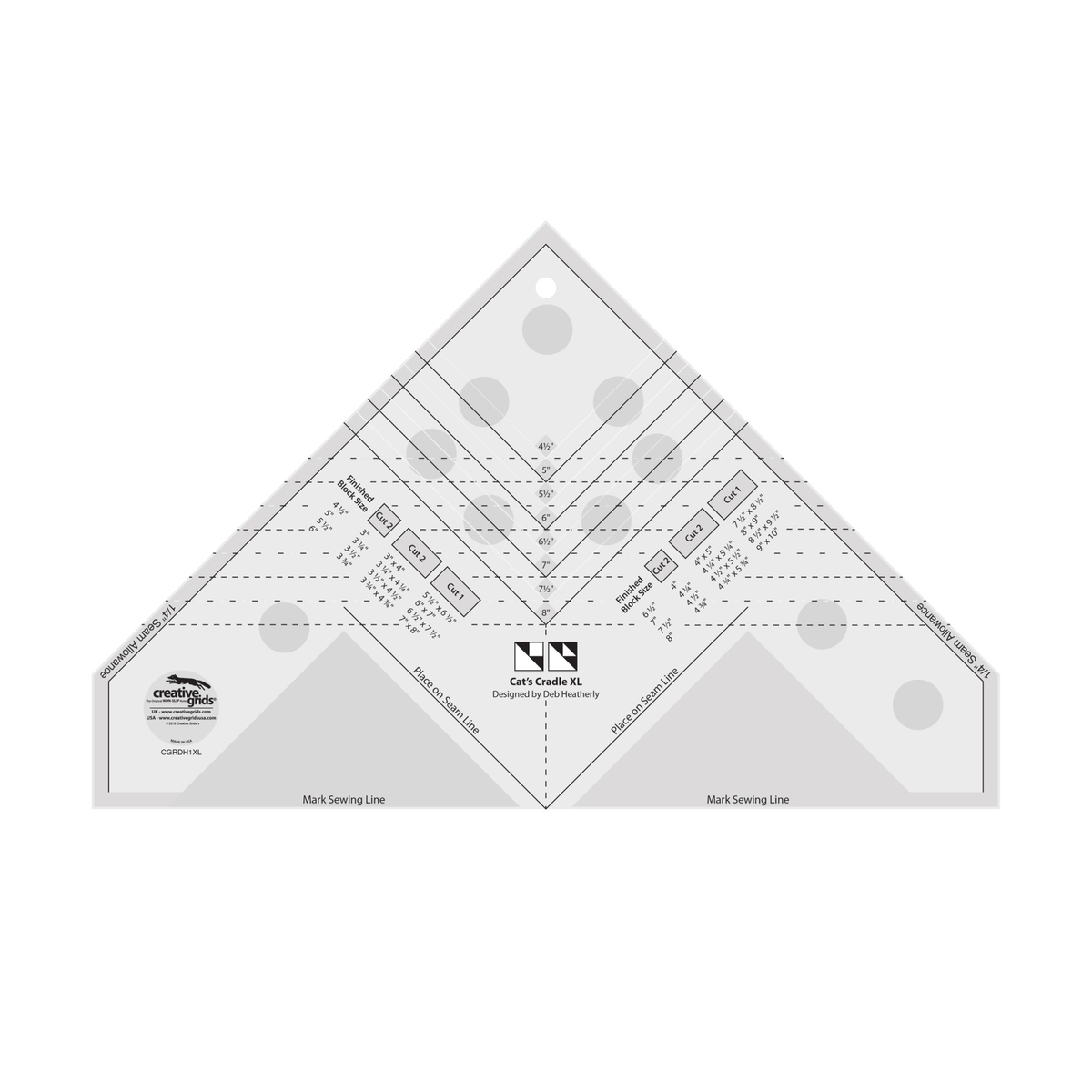 Creative Grids Cat's Cradle XL Tool CGRDH1XL by Deb Heatherly, five-sided trim tool with its square corner at the top, grayscale render on white: nested trim-to-size lines with size labels 4 1/2 to 8 inches, dashed trim lines, two cutting charts with Finished Block Size, Cut 2, Cut 2, and Cut 1 columns, Place on Seam Line and Mark Sewing Line guides, 1/4 inch seam allowance bands, gray non-slip grip dots, and the Creative Grids logo circle with Made in USA.