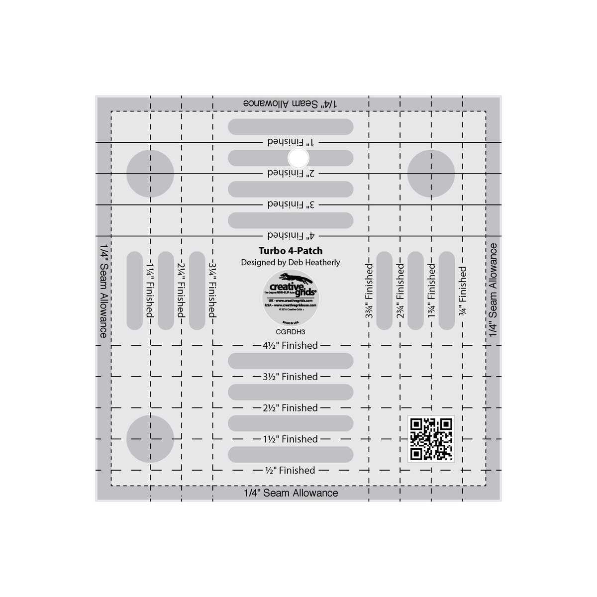 Creative Grids Turbo 4-Patch Template CGRDH3 by Deb Heatherly, 6 1/2 inch square tool, grayscale render on white: solid horizontal lines labeled 1, 2, 3, and 4 inch Finished, dashed horizontal lines labeled 1/2 to 4 1/2 inch Finished, dashed vertical lines labeled 3/4 to 3 3/4 inch Finished and 1 1/4 to 3 1/4 inch Finished, 1/4 inch Seam Allowance bands on all four edges, gray non-slip grip circles and bars, a QR code, and the Creative Grids logo circle.