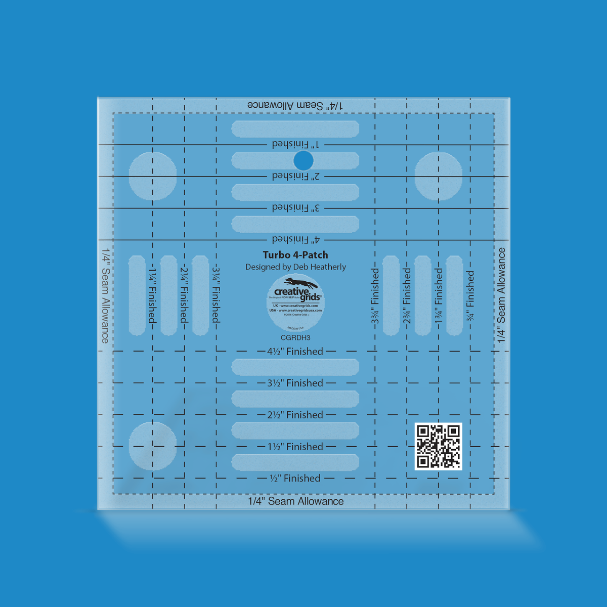 Creative Grids Turbo 4-Patch Template CGRDH3 by Deb Heatherly in translucent blue acrylic with solid and dashed lines labeled by finished size, 1/4 inch Seam Allowance bands on all four edges, a QR code, and the Designed by Deb Heatherly credit above the logo circle.