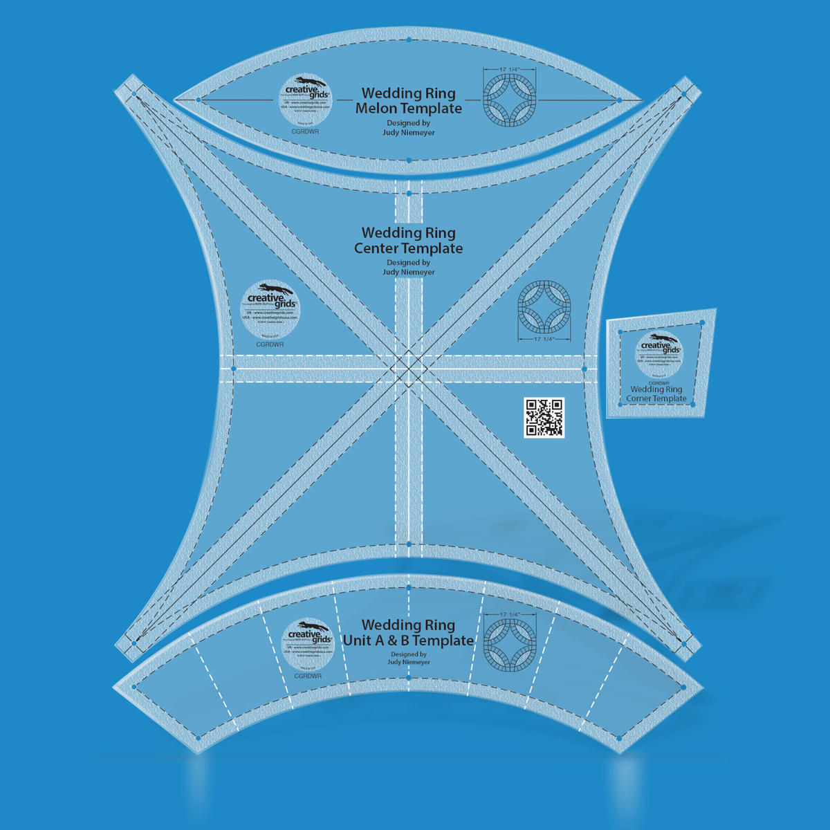 Creative Grids Double Wedding Ring Template Set CGRDWR by Judy Niemeyer in translucent blue acrylic: Melon, Center, Unit A and B, and Corner templates with dashed lines inside the edges, small marking holes, ring block diagrams marked 17 1/4 inches, and a QR code on the center piece.