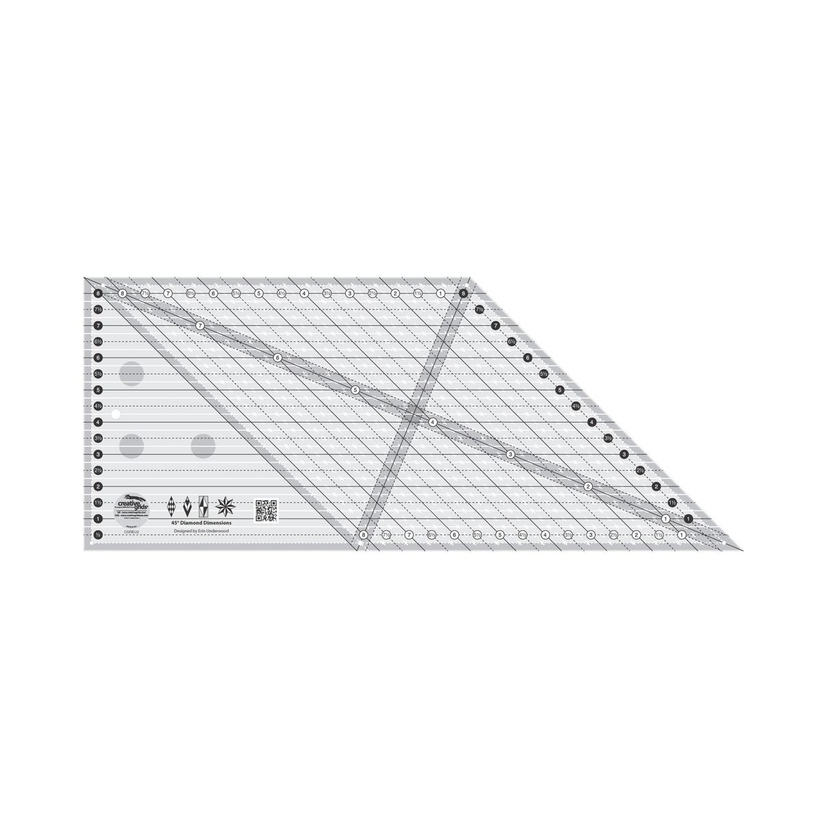 Creative Grids 45 Degree Diamond Dimensions CGREU2 by Erin Underwood, long ruler with one square end and one 45 degree end, grayscale render on white: horizontal lines labeled 1/2 to 8 in black circles up the square end, solid and dashed 45 degree lines labeled 1 to 8 along the top and bottom edges, black circles 1 to 8 along the angled end, a long diagonal line numbered 1 to 7, four diamond and star block icons, a QR code, gray non-slip grip dots, and the Creative Grids logo circle.