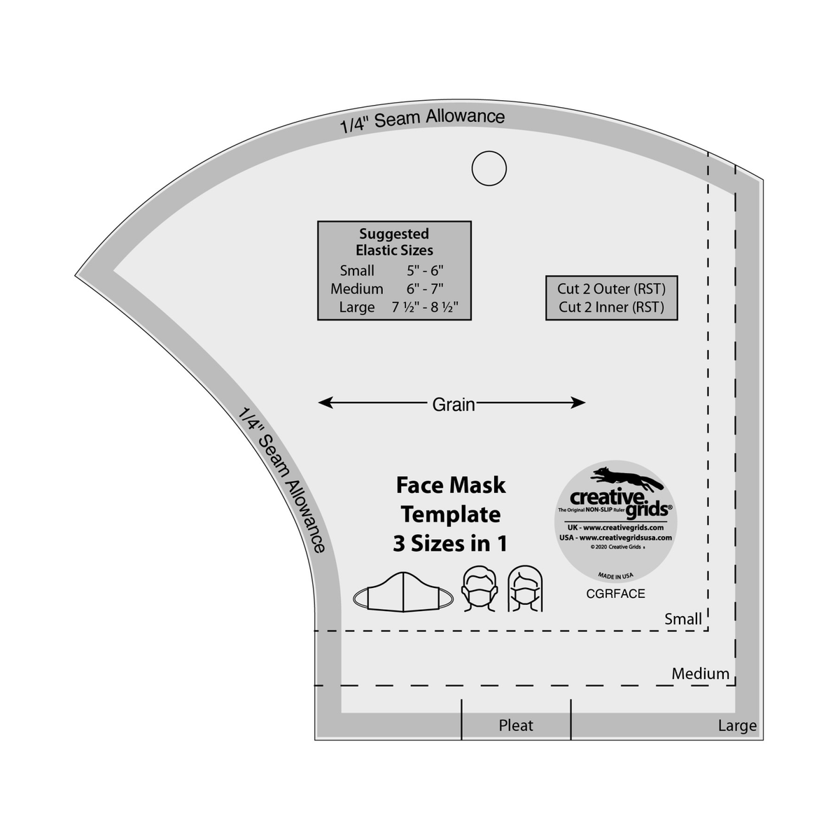 Creative Grids Face Mask Template CGRFACE, curved template, grayscale render on white: Face Mask Template 3 Sizes in 1 with mask and face icons, dashed Small and Medium cutting lines inside the Large outline, a shaded band labeled 1/4 inch Seam Allowance around the edge, Pleat marks on the bottom edge, a Grain arrow, a Suggested Elastic Sizes chart (Small 5 to 6, Medium 6 to 7, Large 7 1/2 to 8 1/2 inches), Cut 2 Outer and Cut 2 Inner notes, a hanging hole, and the Creative Grids logo circle.