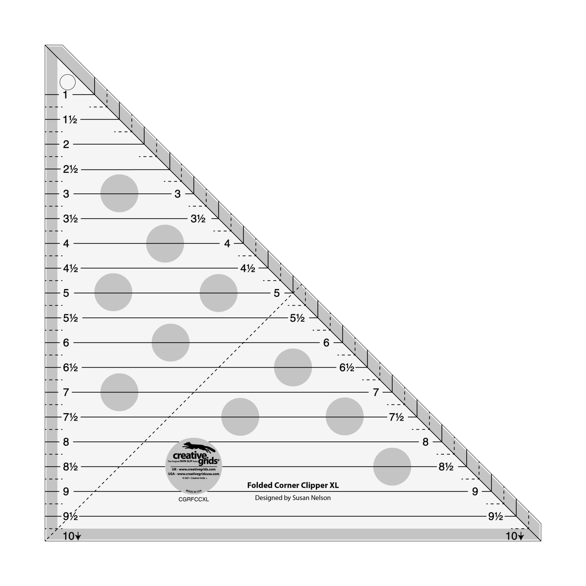 Creative Grids Folded Corner Clipper Tool XL CGRFCCXL by Susan Nelson, right triangle trim tool with squared-off tips, grayscale render on white: solid horizontal lines labeled 1 to 9 1/2 in half-inch steps with short dashed lines between them, a 10 with an arrow at each bottom corner, a solid diagonal line with a gray band and short vertical marks beyond it, a dashed line from the lower left corner to the diagonal, gray non-slip grip dots, and the Creative Grids logo circle.