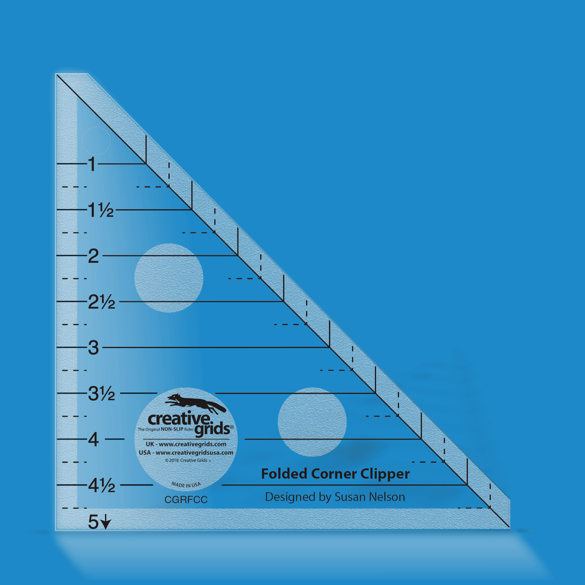 Creative Grids Folded Corner Clipper Tool CGRFCC by Susan Nelson in translucent blue acrylic with solid horizontal lines labeled 1 to 4 1/2, short dashed lines between them, a 5 with an arrow at the bottom edge, a solid diagonal line, and the Designed by Susan Nelson credit.