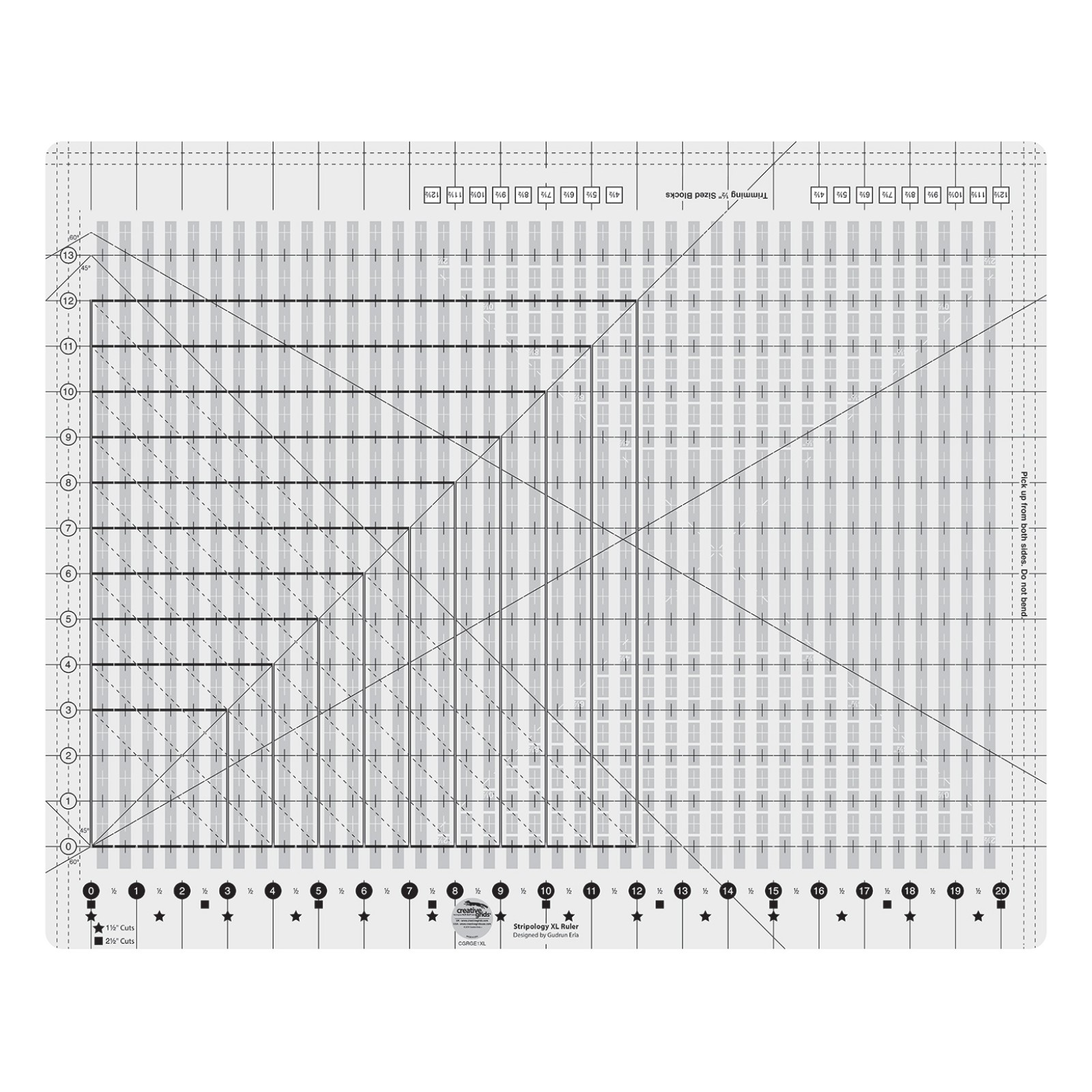 Stripology XL slotted quilt ruler CGRGE1XL by Gudrun Erla for Creative Grids, grayscale product diagram on white showing the 17 3/4 x 22 inch acrylic ruler with cutting slits every 1/2 inch, teardrop blade openings, 45 and 60 degree angle lines, black and white squaring markings, and the QR code linking to the instruction video.
