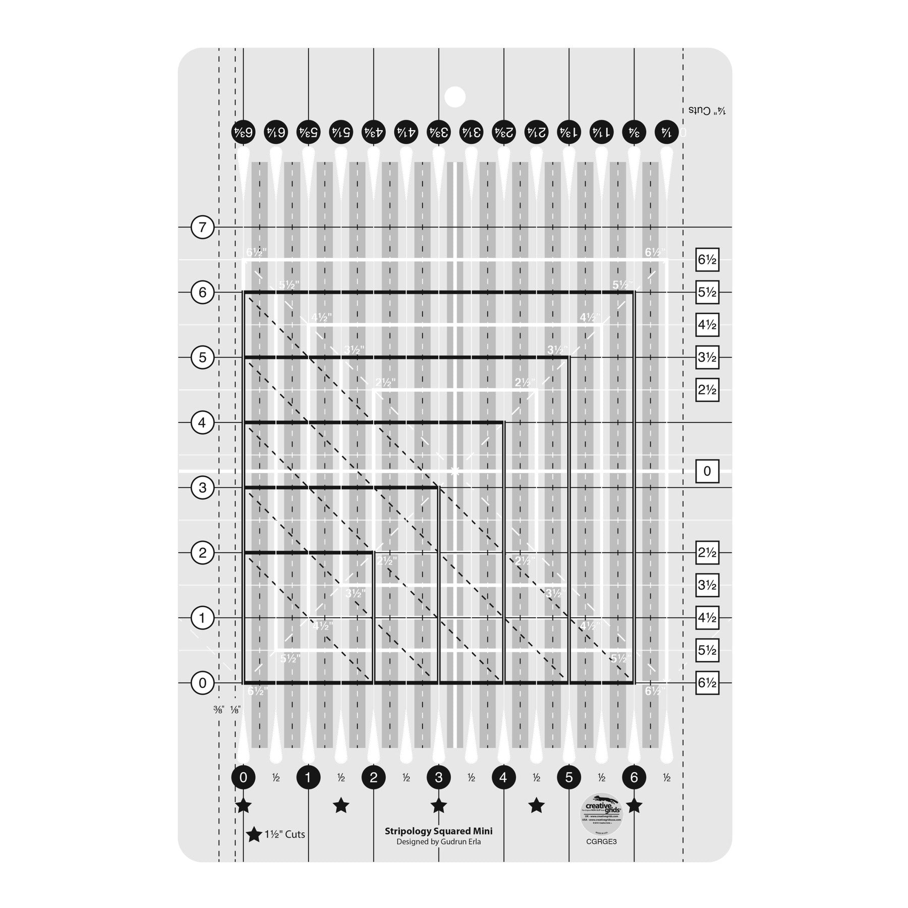 Stripology Squared Mini quilt ruler CGRGE3 by Gudrun Erla for Creative Grids, grayscale diagram on white showing the 8 1/2 x 12 1/2 inch acrylic ruler with cutting slits every 1/2 inch, white squares radiating from the center for squaring blocks up to 6 1/2 inches, star markings for 1 1/2 inch cuts, and non-slip grip dots.