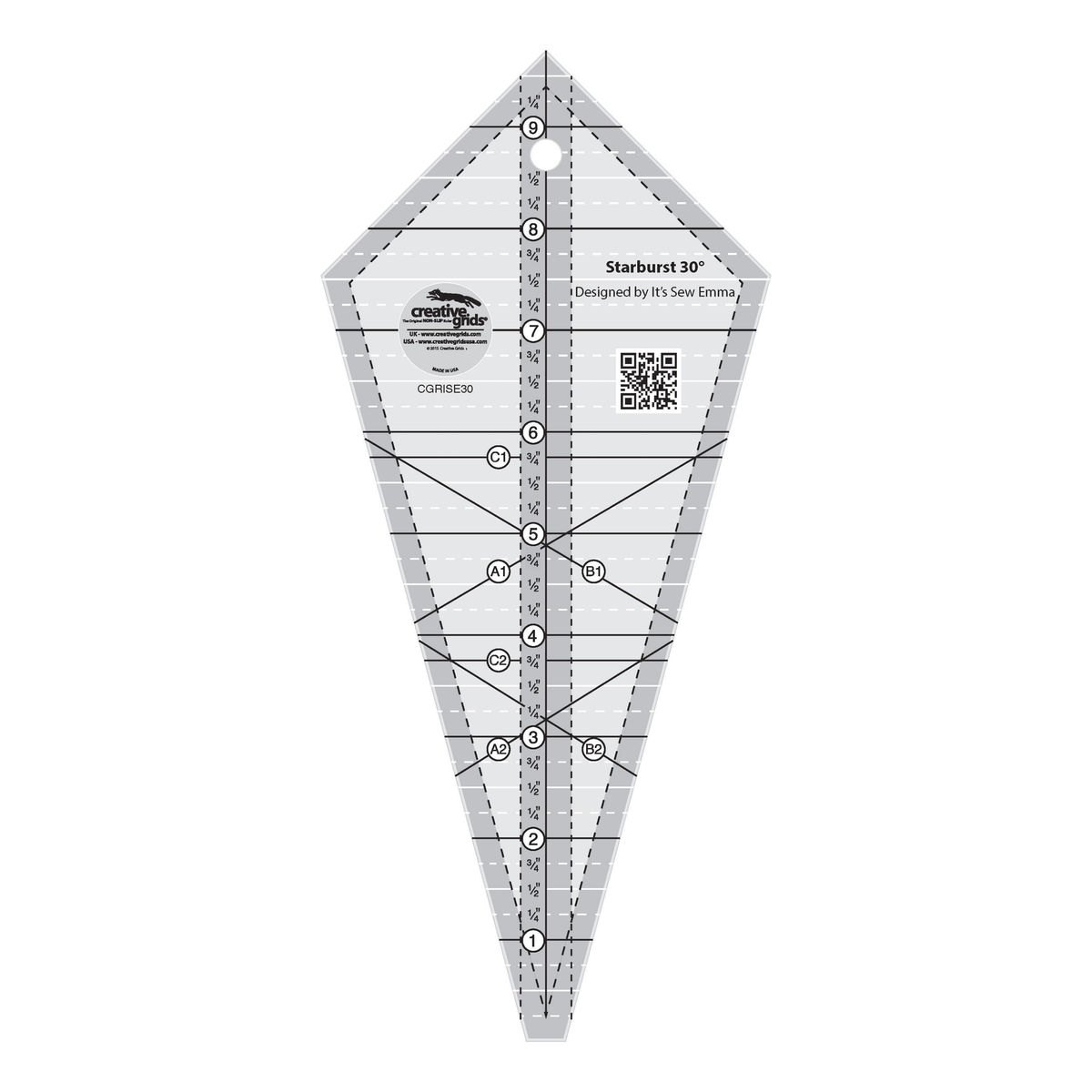 Creative Grids Starburst 30 Degree Triangle CGRISE30 by It's Sew Emma, kite-shaped ruler, grayscale render on white: a center inch scale labeled 1 to 9 1/4 inches, solid black whole inch lines, solid white half inch lines, white dashed 1/4 and 3/4 inch lines, diagonal lines lettered A1, A2, B1, and B2, cross lines lettered C1 and C2, dashed lines inside the edges, a QR code, a hang hole, the Designed by It's Sew Emma credit, and the Creative Grids logo circle.