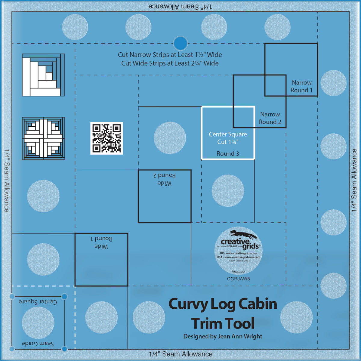 Creative Grids Curvy Log Cabin Trim Tool 8-Inch Finished Blocks CGRJAW5 by Jean Ann Wright in translucent blue acrylic with Narrow and Wide Round 1 and 2 centering squares, a Center Square box, a Seam Guide corner box, two block diagrams, QR code, and the Designed by Jean Ann Wright credit.