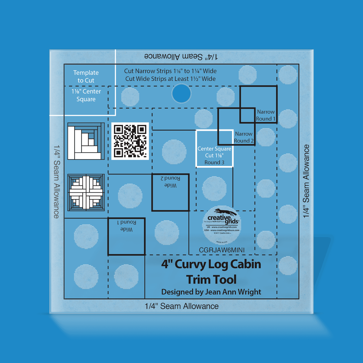Creative Grids 4-Inch Curvy Log Cabin Trim Tool CGRJAW6MINI by Jean Ann Wright in translucent blue acrylic with Narrow and Wide Round 1 and 2 centering squares, a Center Square box, a corner Template to Cut Center Square, two block diagrams, QR code, and the Designed by Jean Ann Wright credit.
