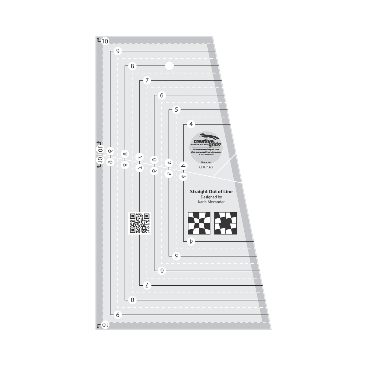 Creative Grids Straight Out Of Line Ruler CGRKA3 by Karla Alexander, 6 x 10 inch ruler with one straight long side and one slanted long side, grayscale render on white: nested solid lines numbered 4 to 9 in white circles, with 10 marked at the outer edge, mirrored above and below a slanted white center line, white dashed lines between the solid lines, two black and white block icons made of skewed patches, a QR code, gray bands along the edges, and the Creative Grids logo circle.