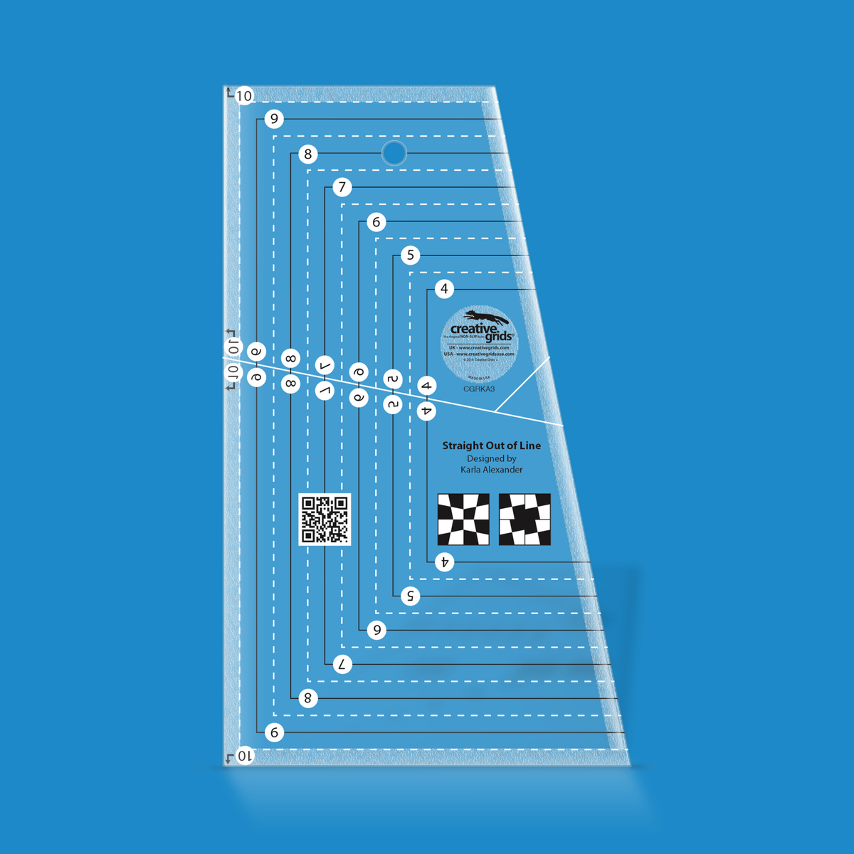 Creative Grids Straight Out Of Line Ruler CGRKA3 by Karla Alexander in translucent blue acrylic with nested lines numbered 4 to 9, with 10 marked at the outer edge, white dashed lines, a slanted white center line, a QR code, and two black and white block icons made of skewed patches below the Designed by Karla Alexander credit.