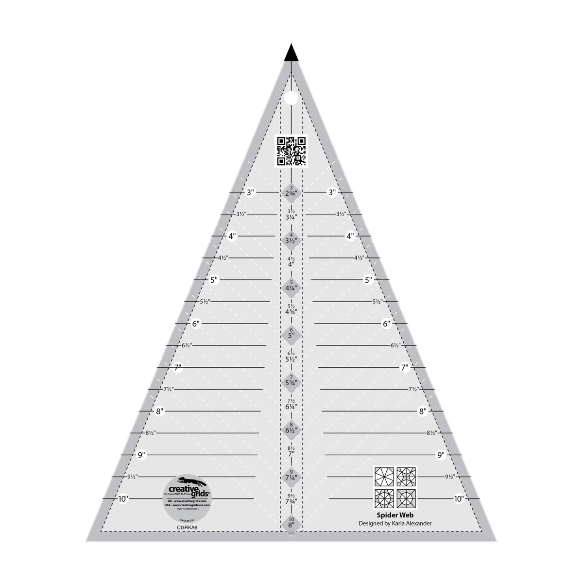 Creative Grids Spider Web Ruler CGRKA6 by Karla Alexander, 45 degree triangle ruler with a black tip, grayscale render on white: horizontal lines labeled 3 to 10 inches in 1/2 inch steps on both sides, a dashed center column pairing each of those sizes with a second measurement from 2 3/4 to 8 inches, white dashed diagonal lines, dashed seam lines inside all three edges, four spider web block icons, a QR code, and the Creative Grids logo circle.
