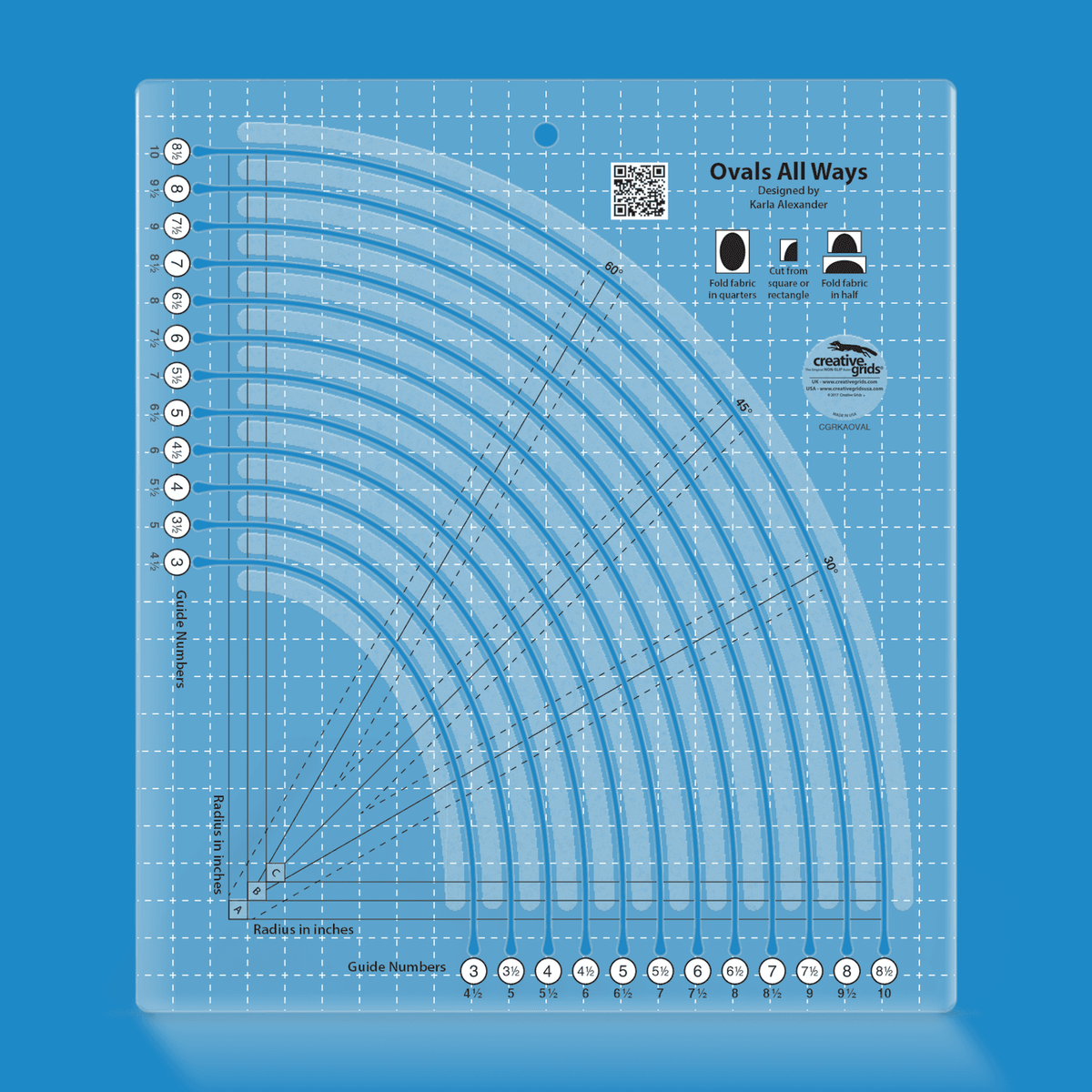 Creative Grids Ovals All Ways CGRKAOVAL by Karla Alexander in translucent blue acrylic with twelve curved cutting slots, circled Guide Numbers 3 to 8 1/2, placement squares A, B, and C, 30, 45, and 60 degree lines, a white dashed grid, three fold and cut icons, and a QR code.