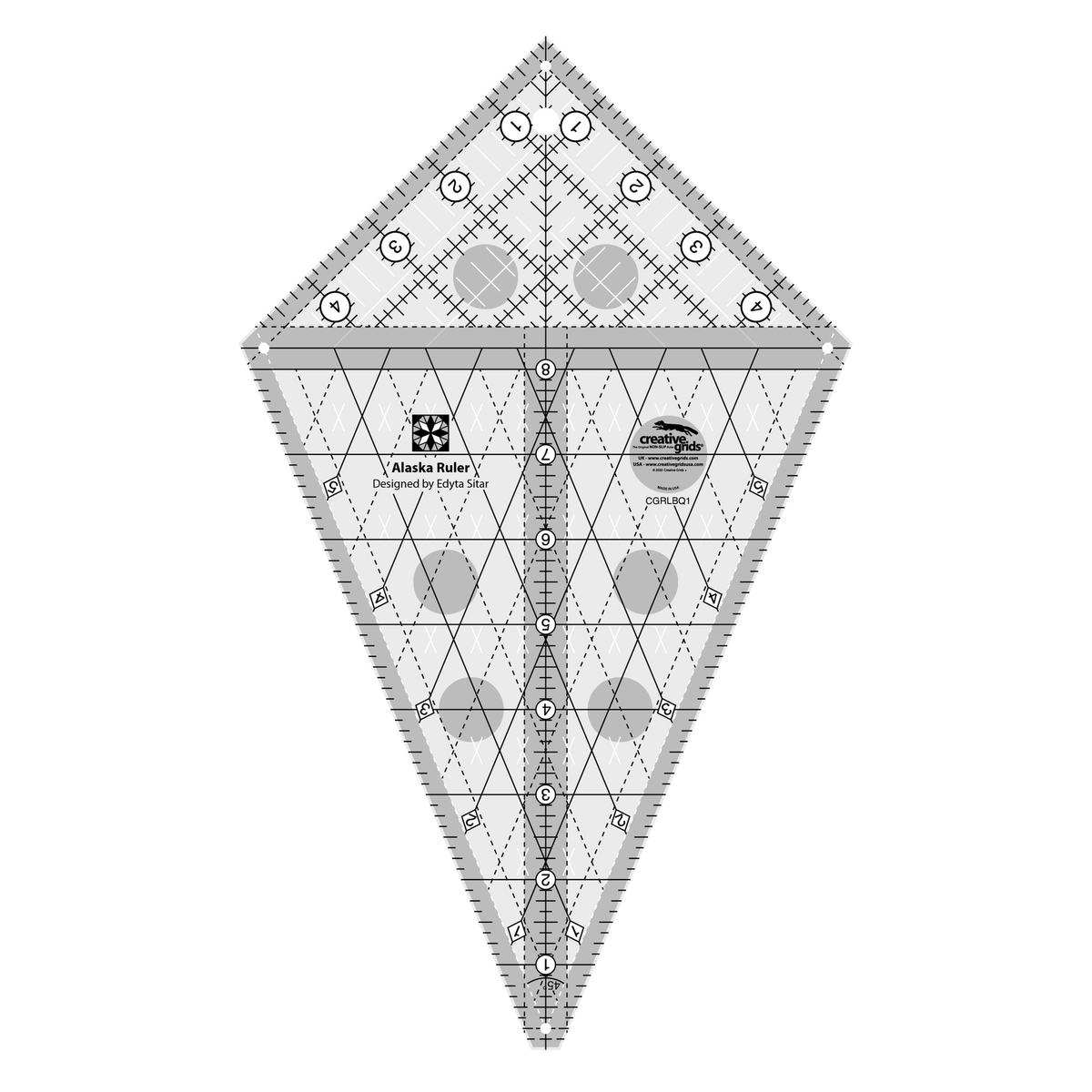 Creative Grids Alaska Ruler CGRLBQ1 by Edyta Sitar, kite-shaped ruler, grayscale render on white: a center line with tick marks numbered 1 to 8 inside a gray band, a gridded corner section at the wide end numbered 1 to 4 on each side, crossing solid and dashed diagonal lines with diamond labels 1 to 5 along both long edges, tick marks along the edges, a 45 degree label at the narrow point, a star block icon, gray non-slip grip dots, and the Creative Grids logo circle.