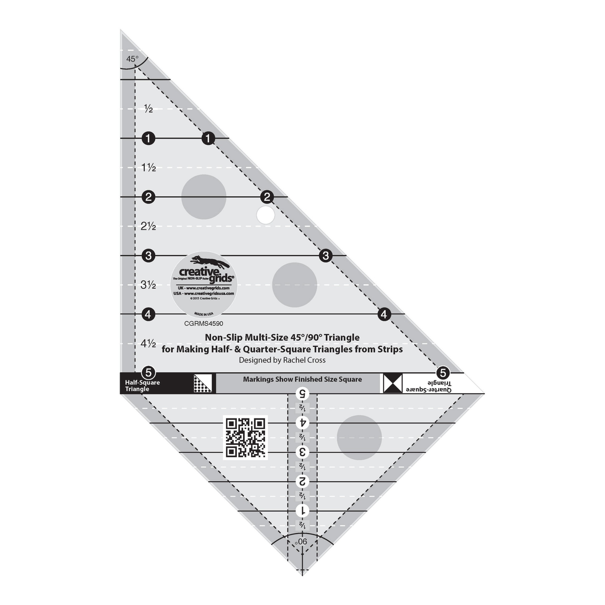 Creative Grids Multi Size Triangle 45 and 90 Degrees CGRMS4590 by Rachel Cross, four-sided ruler joining two triangles, grayscale render on white: a Half-Square Triangle section with lines numbered 1 to 5 and dashed half-inch lines, a Quarter-Square Triangle section with a center scale numbered 1 to 5, a band reading Markings Show Finished Size Square, two block icons, 45 and 90 degree angle labels, dashed seam lines, a QR code, gray non-slip grip dots, and the Creative Grids logo circle.