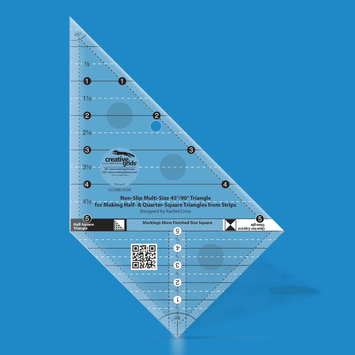 Creative Grids Multi Size Triangle 45 and 90 Degrees CGRMS4590 by Rachel Cross in translucent blue acrylic with a Half-Square Triangle section and a Quarter-Square Triangle section each numbered 1 to 5, the Markings Show Finished Size Square band, two block icons, QR code, and the Designed by Rachel Cross credit.